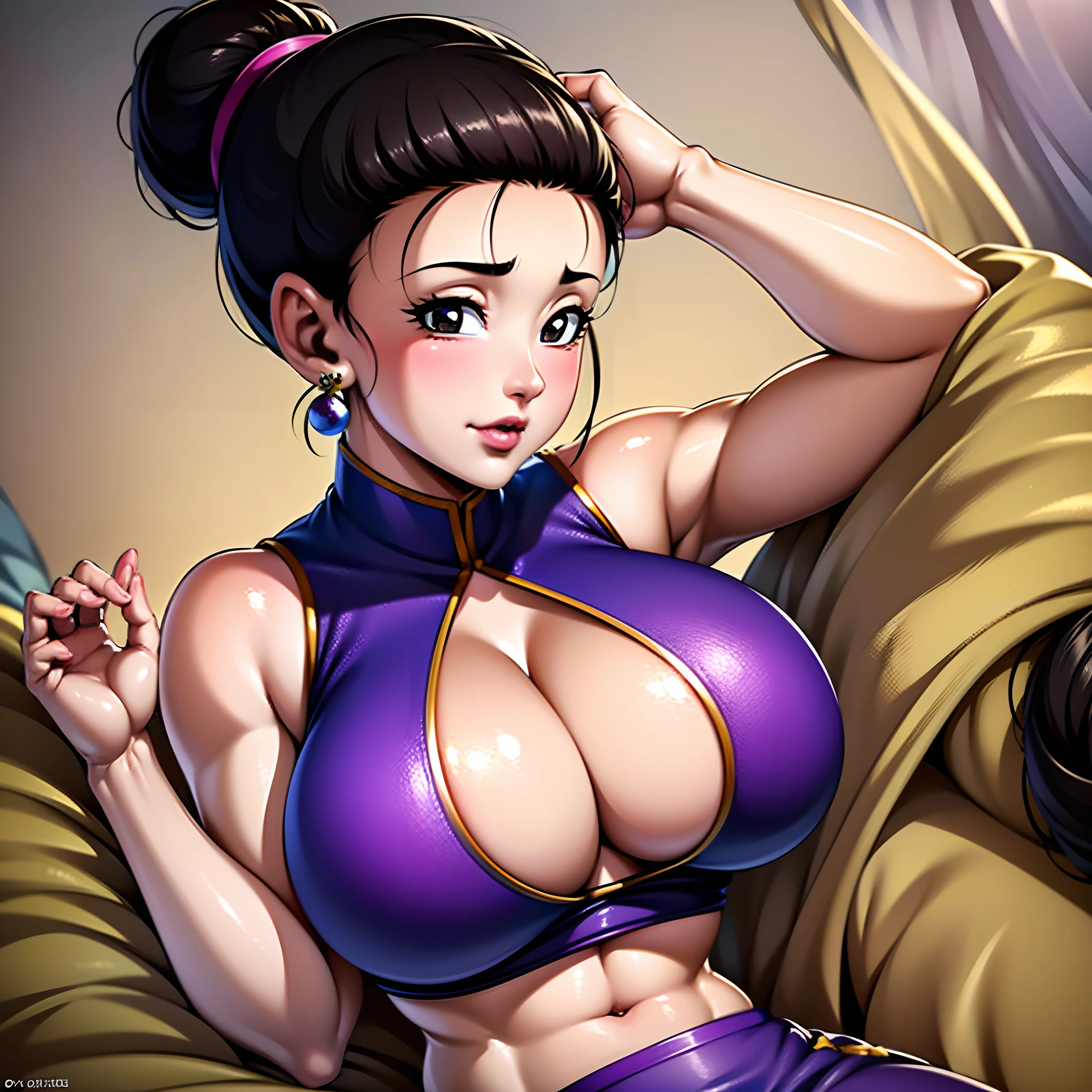 (16 K, Raw photo, Best Quality, masutepiece:1.2), (High resolution, Photorealistic:1.3), ((1girl in, Solo)), (Mature, A MILF, yellow_China_Dress, Purple_neckerchief, chichi_nffsw, Black_Eyes, Black_hair, updo hair, hair_Bun, Huge_breasts, Jewelry, earrings, Ponytail, Yellow Chinese_Clothes), Professional Lighting, Lens 135mm, (abandoned houses:1.2, Dark atmosphere), Detailed face, Detailed skin, Beautiful lips, (Perfect slim body style:1.1, Full body shot:1.1, laying down on the bed:1.2, Exposed shaved armpits:1.15, Overhead view), badhandsv5-neg, High detailed skin, Puffy eyes,