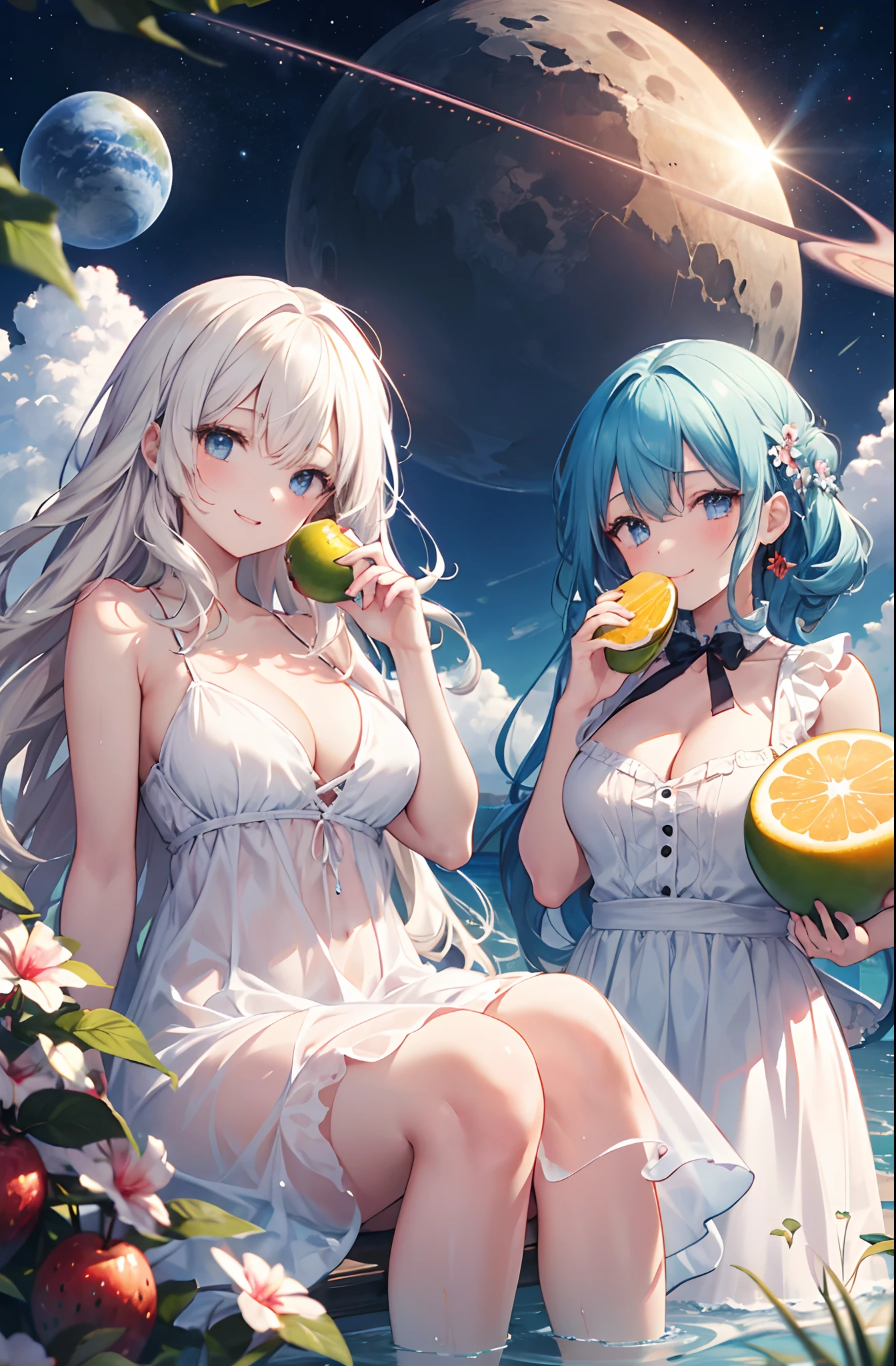 2girls, a girl eating an alien-looking fruit, white sundress, outdoors, summer in a different world, multiple beautiful planets in the sky, a girl living in a different world, , joyful smile, , cleavage