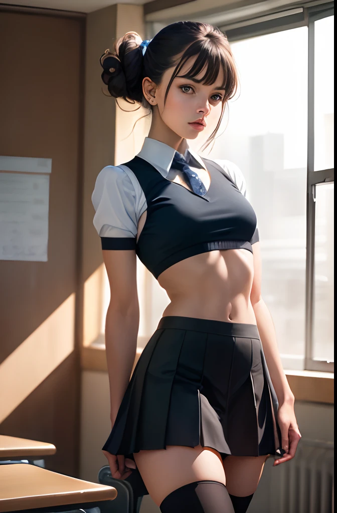 Full body:1.5, masterpiece, best quality, (photorealistic:1.4), cowboy shot, classroom, updo hairstyle hairstyle, skinny, school uniform, bangs, skinny, microskirt, thighhighs, crop top,