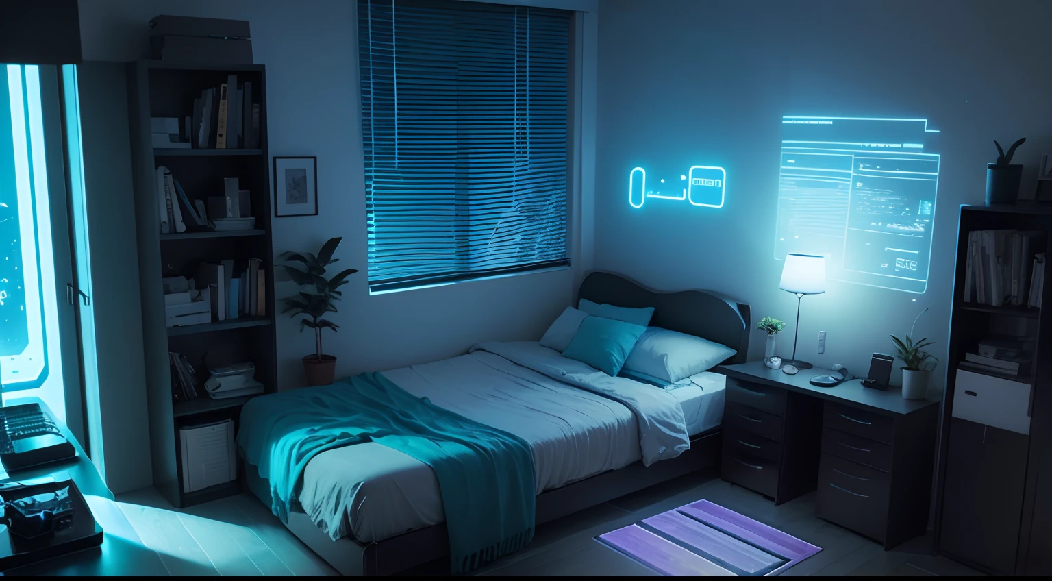 Bedroom at night, Cyberpunk, mesa de computador, Plantas da casa, livros, computador, Space outside the window, luz roxa, fundo azul
