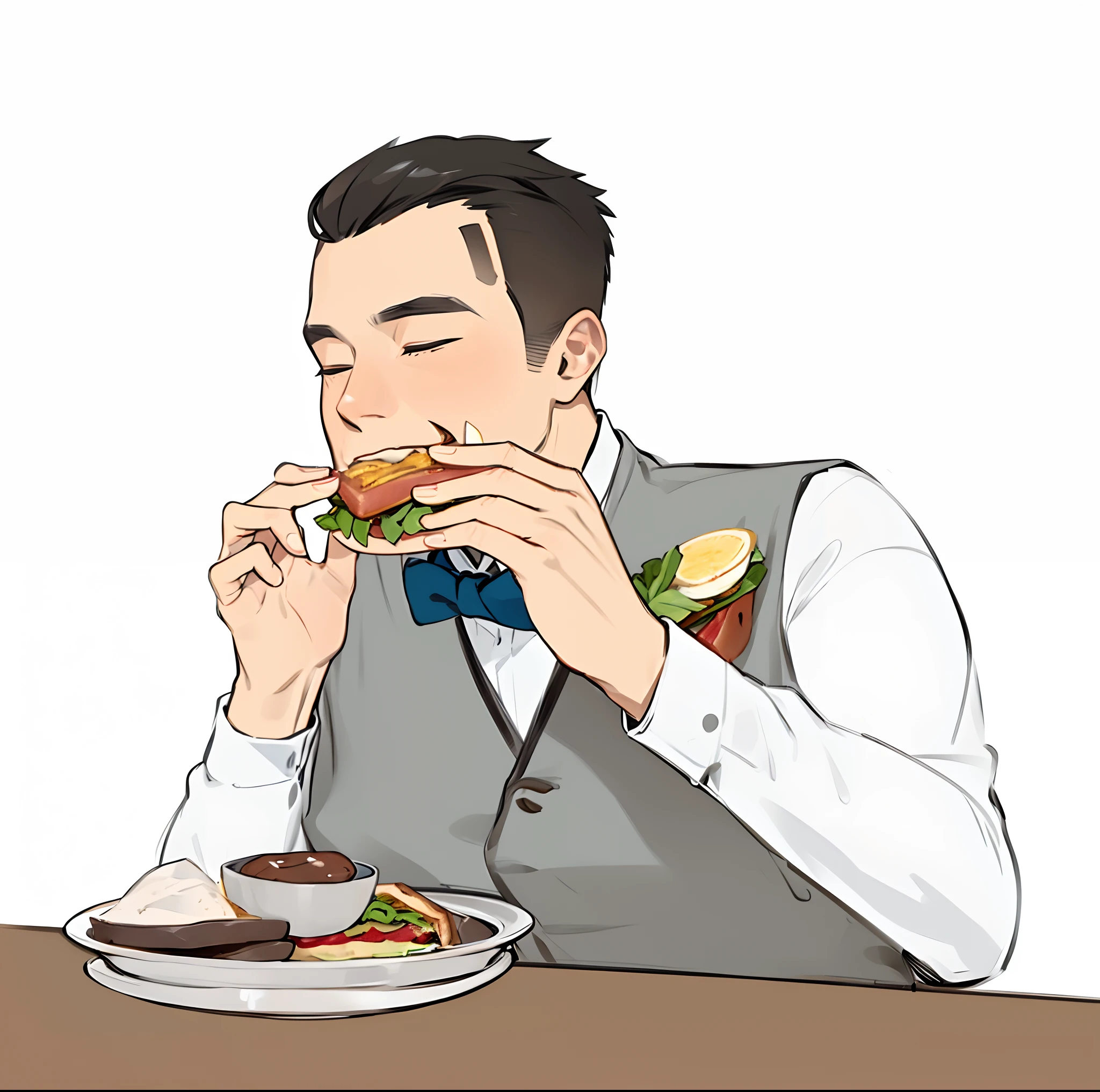 eating sandwich, bow tie