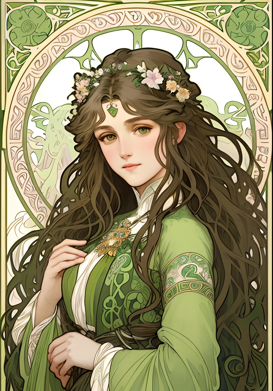 Portrait of a wild princess，Has wild hair and a confident gaze, Art Nouveau by Alphonse Mucha, Use a pastel palette of green and brown, Features decorative elements such as flowers, vines, and a swirling pattern that highlights the princess's elegance and free spirit. Crane in background