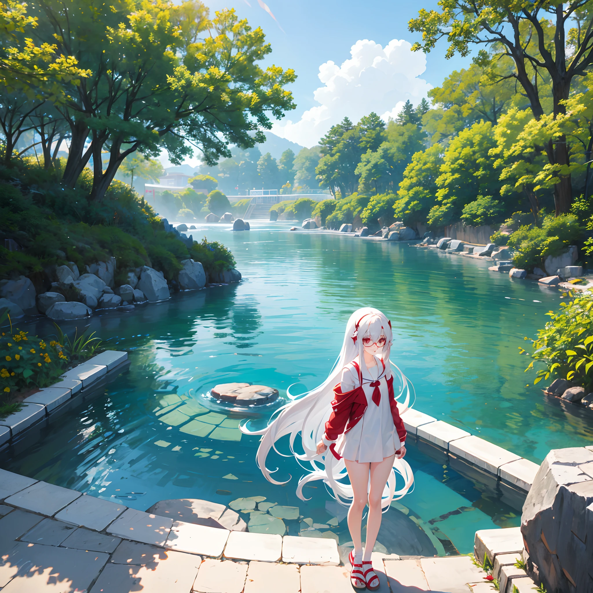 Anime, cute girl, japanese, petite, long white hair, ruby red eyes, kaguya, gamer girl, glasses, swimsuit, school swimming pool