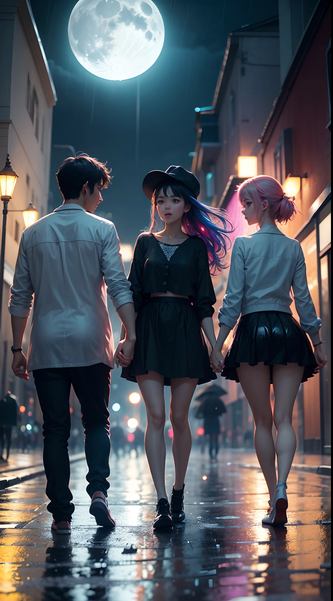 Group of 3 people dancing in the rain, nice face, anime style, hand holding a moon, colorful lights on the street, 4k quality