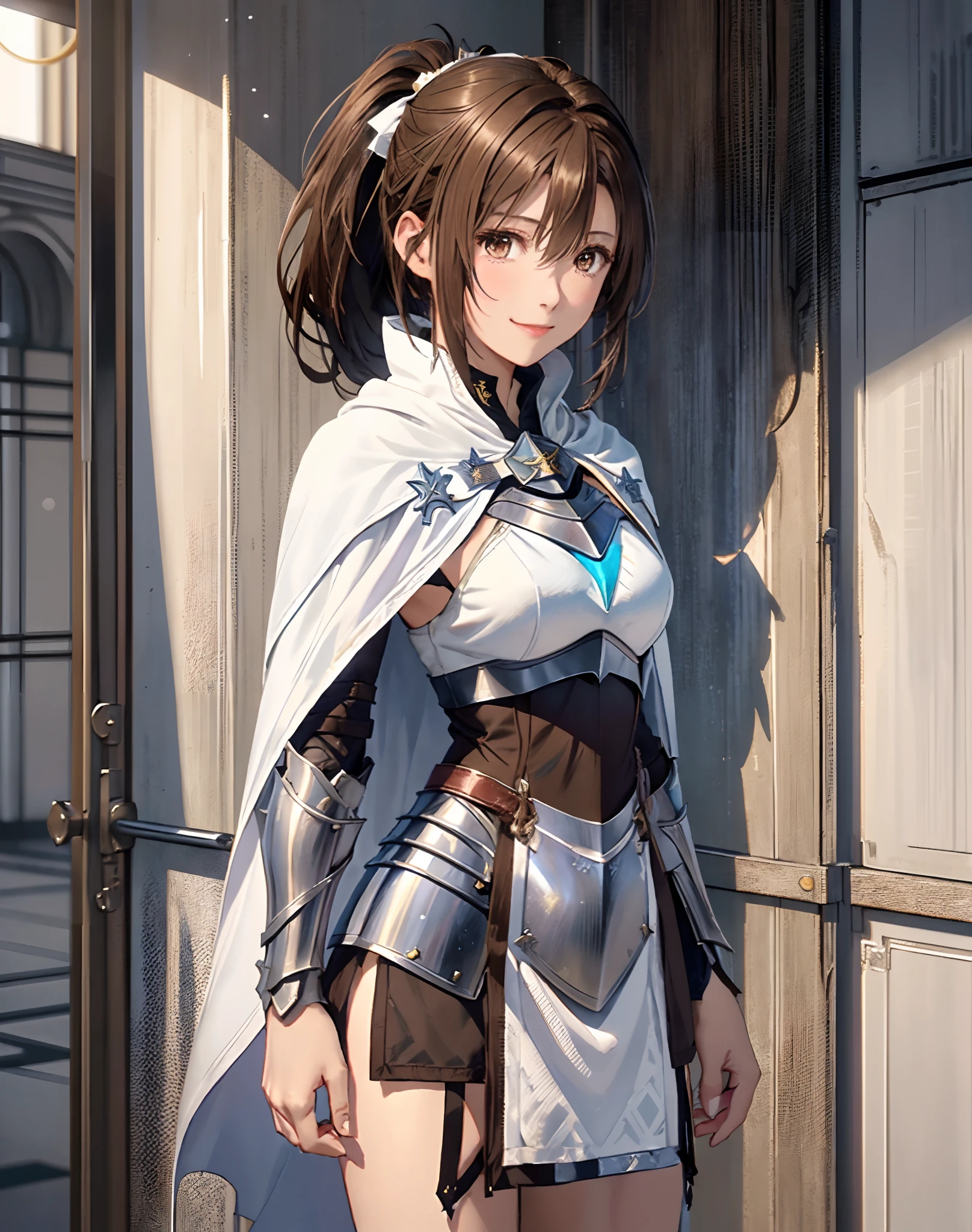 Asuna, Asuna_(stele), (1girl in,Solo) ,Fantasy, hight resolution, 19 Private,  Original, (Worn on the sheath of the waist:1.3), Smile, (White Night Wizard Long Cape:1.55), Short hair, medium breasts, Looking at Viewer, Bangs ,Detailed hazel brown eyes, Beautiful background, ((the morning sun,Western-style private room)), Hands on the chest,(Brown hair,Short ponytail:1.5), (Platinum Knight Wizard Full Armor:1.55),Short hair, Standing,straight-on, ABEC,(Full body:1.1), white thighhig,(ABEC:1.4),