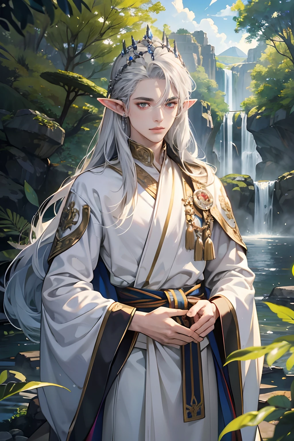 (tmasterpiece, high resolution, ultra - detailed:1.0), (1boy, Young male), Perfect male body, Eyes look at the camera, Extremely detailed CG, Unity 8k wallpaper, Complicated details, solo person, Detailed face, (Silver eyes,sliver long hair,silver silk robe,jewelry,Elf crown),out doors, virgin forest,trees and flowers,waterfalls, Elven style robe,embroidery,Elven headdress, Expose forehead, color difference, Depth of field, dramatic shadow, Ray tracing, Best quality, offcial art,