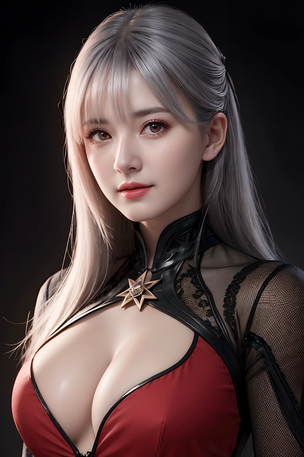 1girl, star eye, blush, perfect illumination, grey hair, red bright eyes, unreal engine, sidelighting, detailed face, bangs, bright skin, simple background, dark background, upon body, realistic .