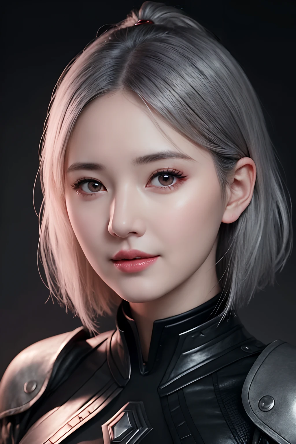 1girl, star eye, blush, perfect illumination, grey hair, red bright eyes, unreal engine, sidelighting, detailed face, bangs, bright skin, simple background, dark background, upon body, realistic big breasts.