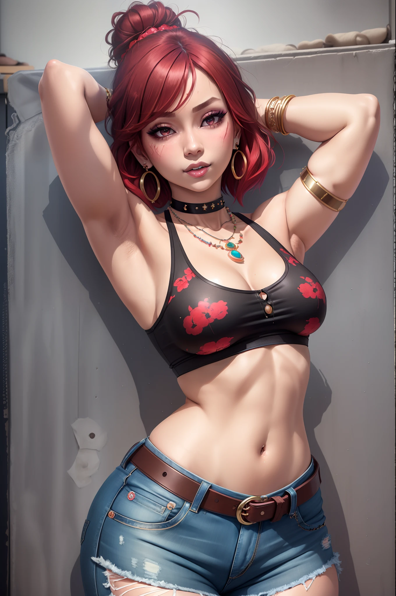 (masterpiece), (best quality), nishikino maki, short hair, hair bun, perfect lighting, stylish, single bare shoulder shirt long, music band print, jewelry, necklace, earrings, armlets, lacey choker, belt, low cut black jeans, thick eyelashes, makeup, eyeshadow, sexy, curvy body,(navel:1.3) embarrassed,red face, exposed armpits