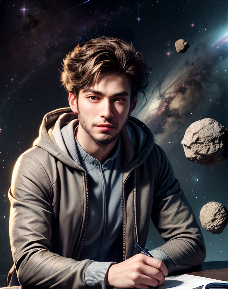 Draw a young programmer, sitting on a research platform floating in the middle of an asteroid belt. He is studying with a notebook, surrounded by several asteroids glowing with fiery auras. Dramatic lighting from distant stars and planets illuminates the scene, casting deep shadows on the suit. The young man looks confident and determined, looking at the vast and mysterious universe with wonder and respect,facial hair, cowboy shot,