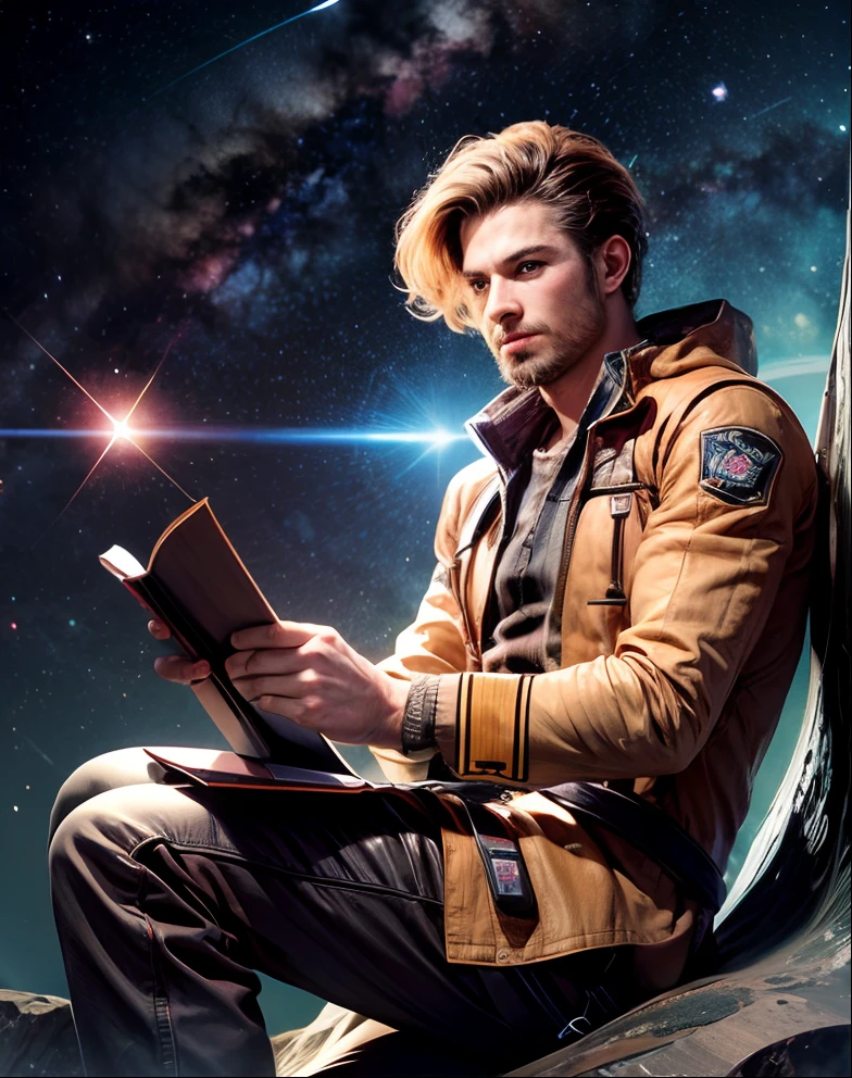 Draw a young programmer, sitting on a research platform floating in the middle of an asteroid belt. He is studying with a notebook, surrounded by several asteroids glowing with fiery auras. Dramatic lighting from distant stars and planets illuminates the scene, casting deep shadows on the suit. The young man looks confident and determined, looking at the vast and mysterious universe with wonder and respect,facial hair, cowboy shot,