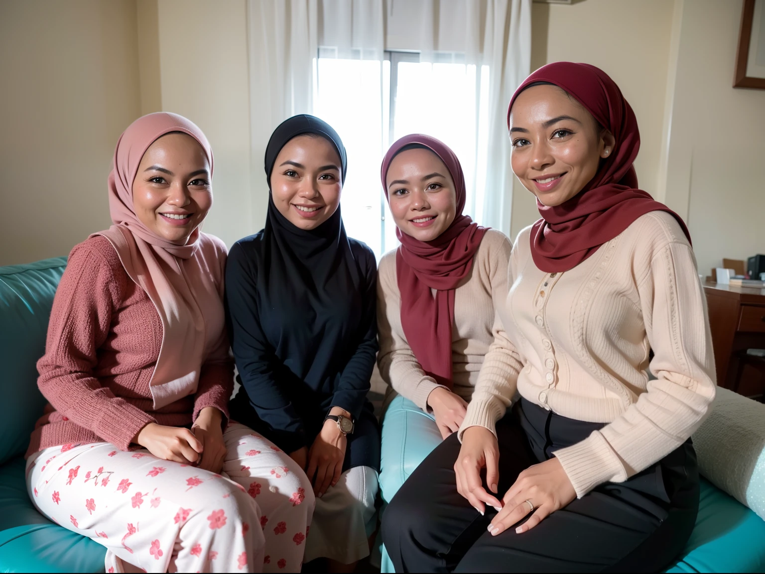 3 malay girls, (happy smile, laughing: 1.1), 8k, RAW portrait of malay girls with pompom plain hijab, 80mm, ultra high resolution, top quality, break wearing bra and high waist short pleated skirt, (looking down at the viewer from below), big, living room, bed, sitting on fluffy couch with many big cute pillow, break (natural skin texture, detailed skin, hyper-realism, super sharpness), intricate details, high resolution, natural light, cheerful environment, pastel color,