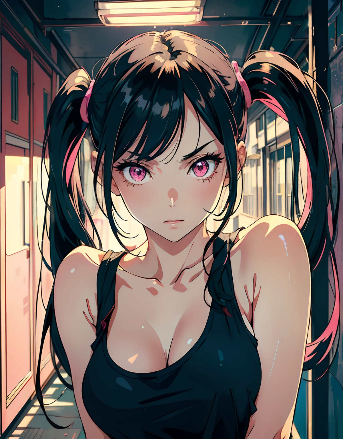 ((masterpiece, best quality)), (1girl, anime girl in retro style),(mature), (solo), (female focus), (black hair, long hair, twintail hair),((pink eyes, sharp eyes)) ((exposed shoulder, tank top)), pale skin, evil, vicious, portraits, close up, upper body, vibrant colors, soft lighting