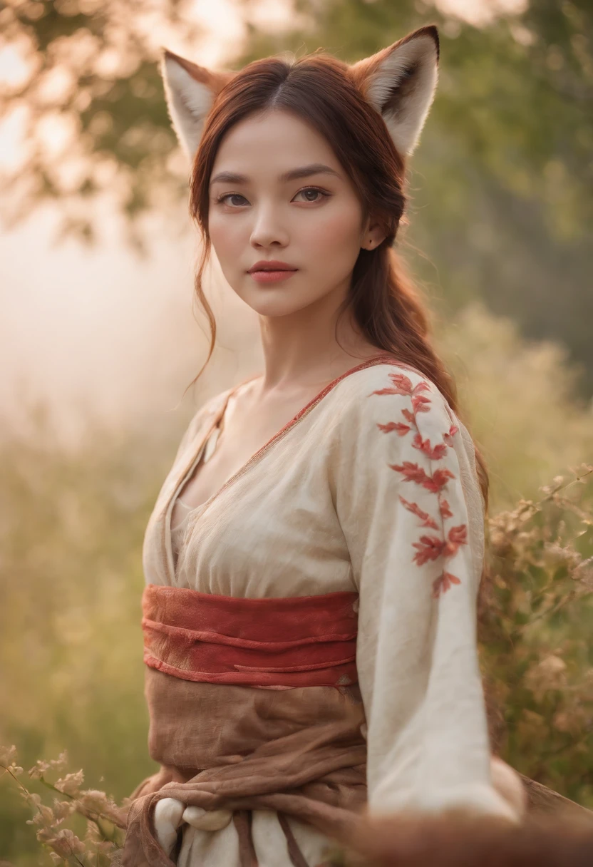 1girl in,独奏, Official art、Unity 8k Wallpapers、ultra-detailliert、Beautifully Aesthetic、Beautiful fece、masterpiece、top-quality、 Foxwich、the Nine-Tailed Fox、Fox Mask、Haori jacket、Foxfirespell、Fox Familiars、Metamorphosis、off shoulders、depth of fields、