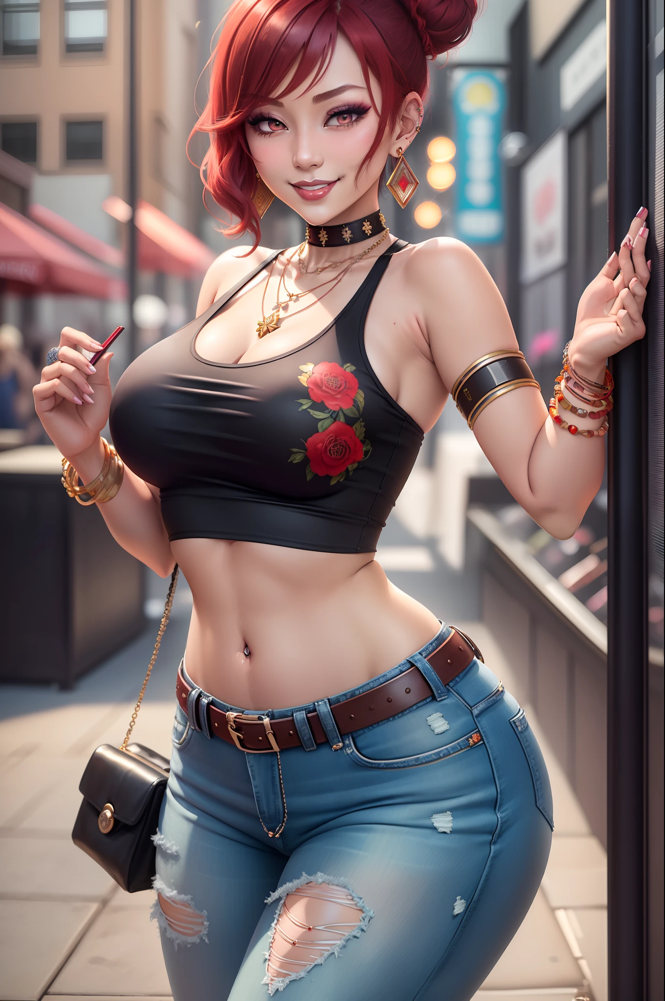 (masterpiece), (best quality), nishikino maki, short hair, hair bun, perfect lighting, stylish, single bare shoulder shirt long, music band print, jewelry, necklace, earrings, armlets, lacey choker, belt, low cut black jeans, thick eyelashes, makeup, eyeshadow, sexy, curvy body,(navel:1.3) embarrassed,red face, smile