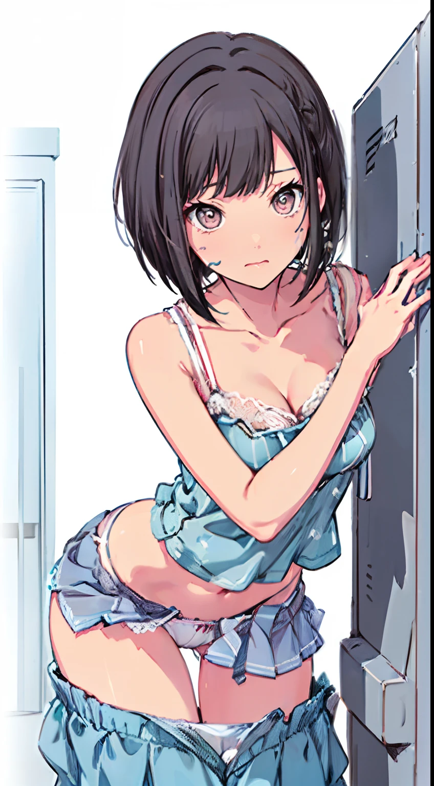 (Light blue camisole　Pull up the skirt to show white panties　The bra is visible　Gravure Pose　Very detailed down to the smallest detail　clear outlines　Beautiful face　Beautiful skin)  thin-waist　A slender　ribbed　skinny limbs　teats　cleavage of the breast　Beautiful breasts　a short bob　Uterine mouth　Beautiful fingertips　Light blue nails　Anime style