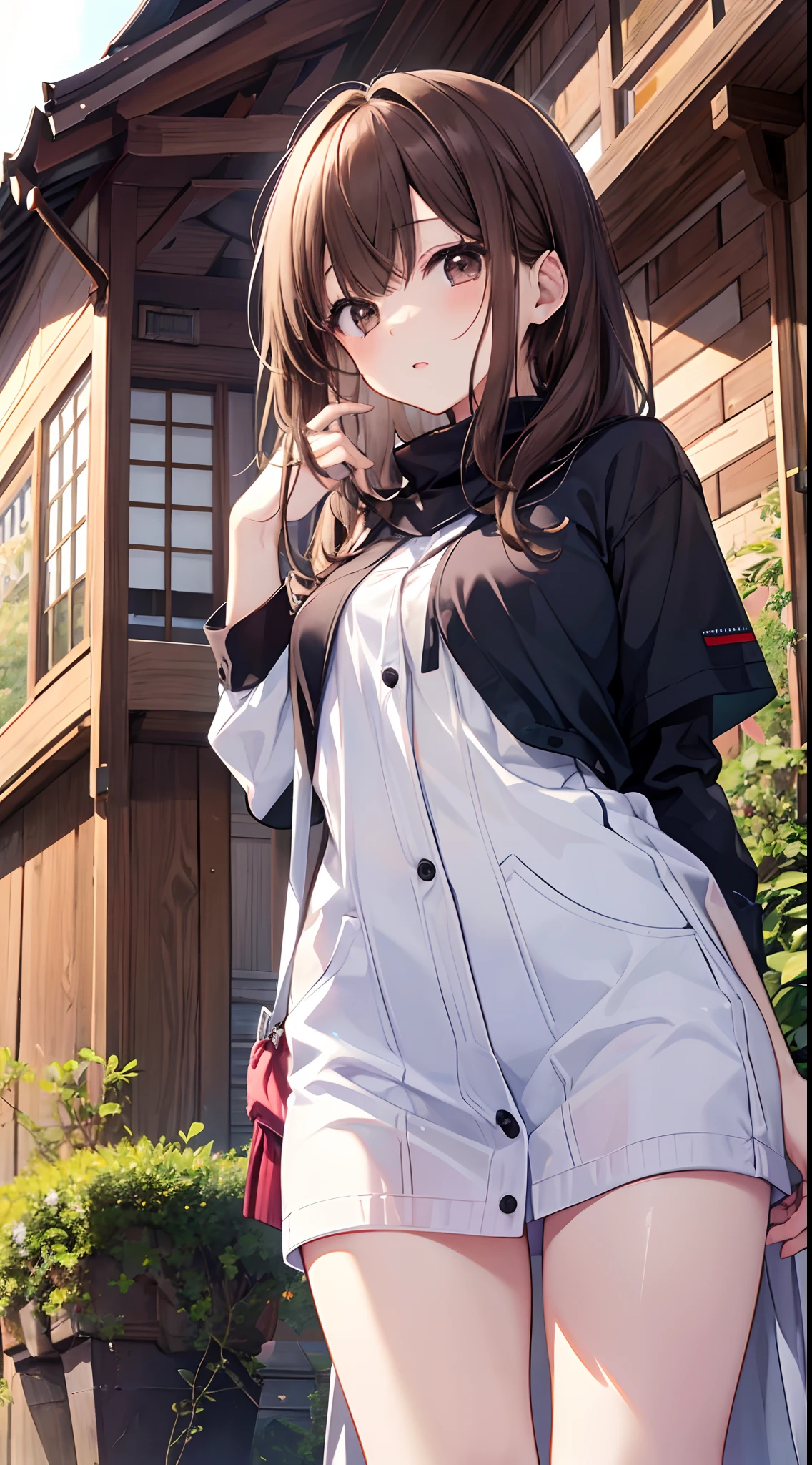 Hi-Res、​masterpiece、Chizuru Ichinose、Brown hair、Soio、Female one、outside of house、细致背景、A detailed eye、（（Brown-eyed））,Beautiful and perfect legs, Clean and perfect hands