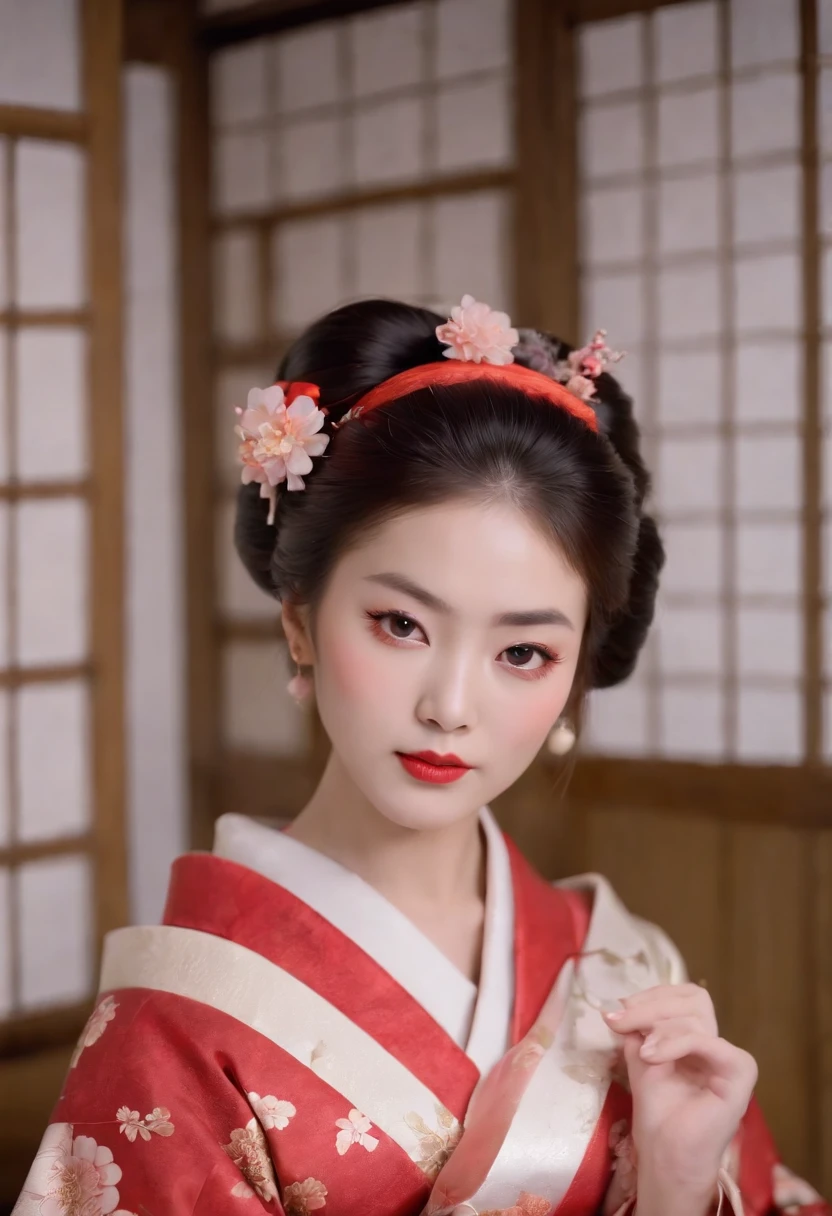 (((Elegant sexy kimono red in Japan tradition. Film TV Portrait Theme Antique Edo period.Great Olympiad.12 uniforms.concubine. Bare shoulder))), (Layered kimono:1.3).Sitting in the hall. Edo Castle. Night view_mix4, 20d,A hyper-realistic:1.37),(Sony_A1.SEL50F12GM),16K HD,masuter piece, hyper photorealistic:1.3,((Clear lip details)),Beautiful breasts with F cups,Concubine in beautiful kimono. Detailed texture of the skin.