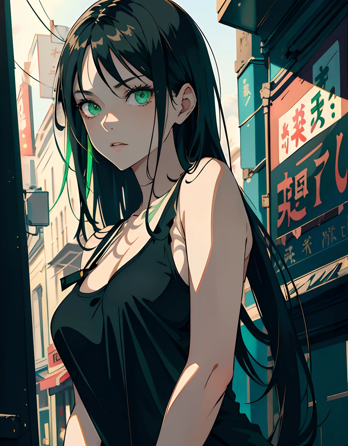 ((masterpiece, best quality)), (1girl, anime girl in dark art style),(mature), (solo), (female focus), (black hair, long hair, straight hair),((green eyes, sharp eyes)) ((exposed shoulder, tank top)), pale skin, evil, vicious, portraits, close up, upper body, vibrant colors, soft lighting