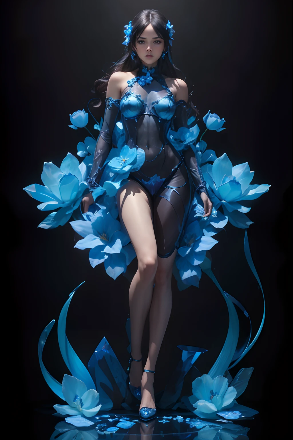 a full dynamic body shot, of a beautiful ((((blue glass woman))))), and small and medium flowers made of blue glass, a greasy black background, 24k resolution
