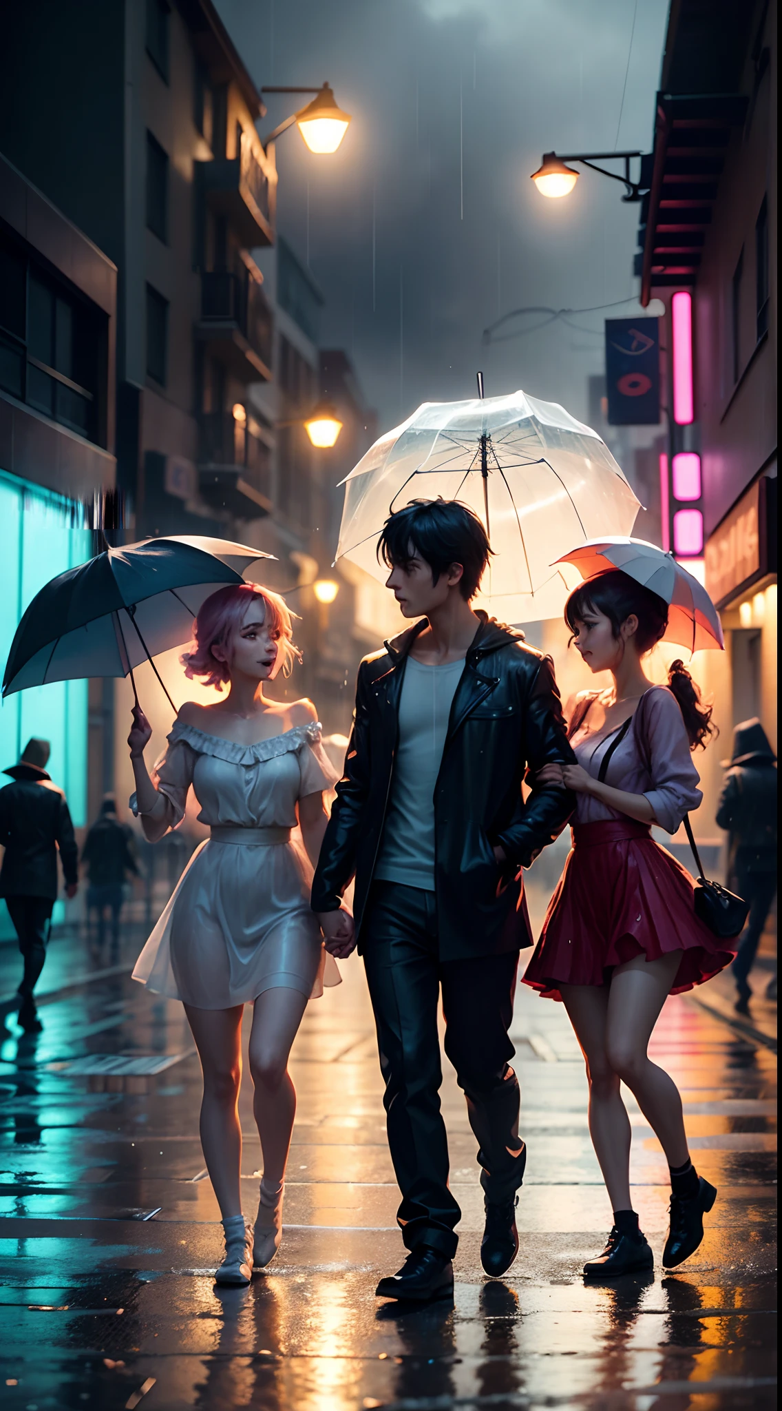 Group of 3 people dancing in the rain, nice face, anime style, holding the moon in his hand, colorful lights on the street, 4k quality