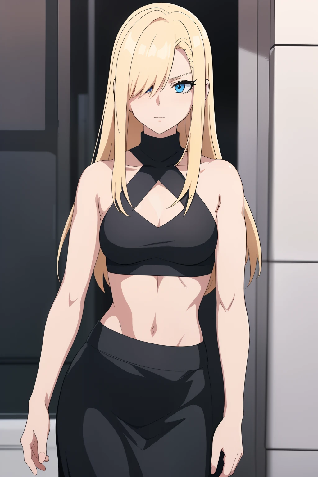 anime girl with blonde hair and blue eyes in black top, blonde anime girl with long hair, inspired by INO, female anime character, anime style like fate/stay night, anime girl wearing a black dress, anime moe artstyle, cel - shaded art style, anime girl named lucy, seductive anime girl, anime woman, full body!!, (anime girl)