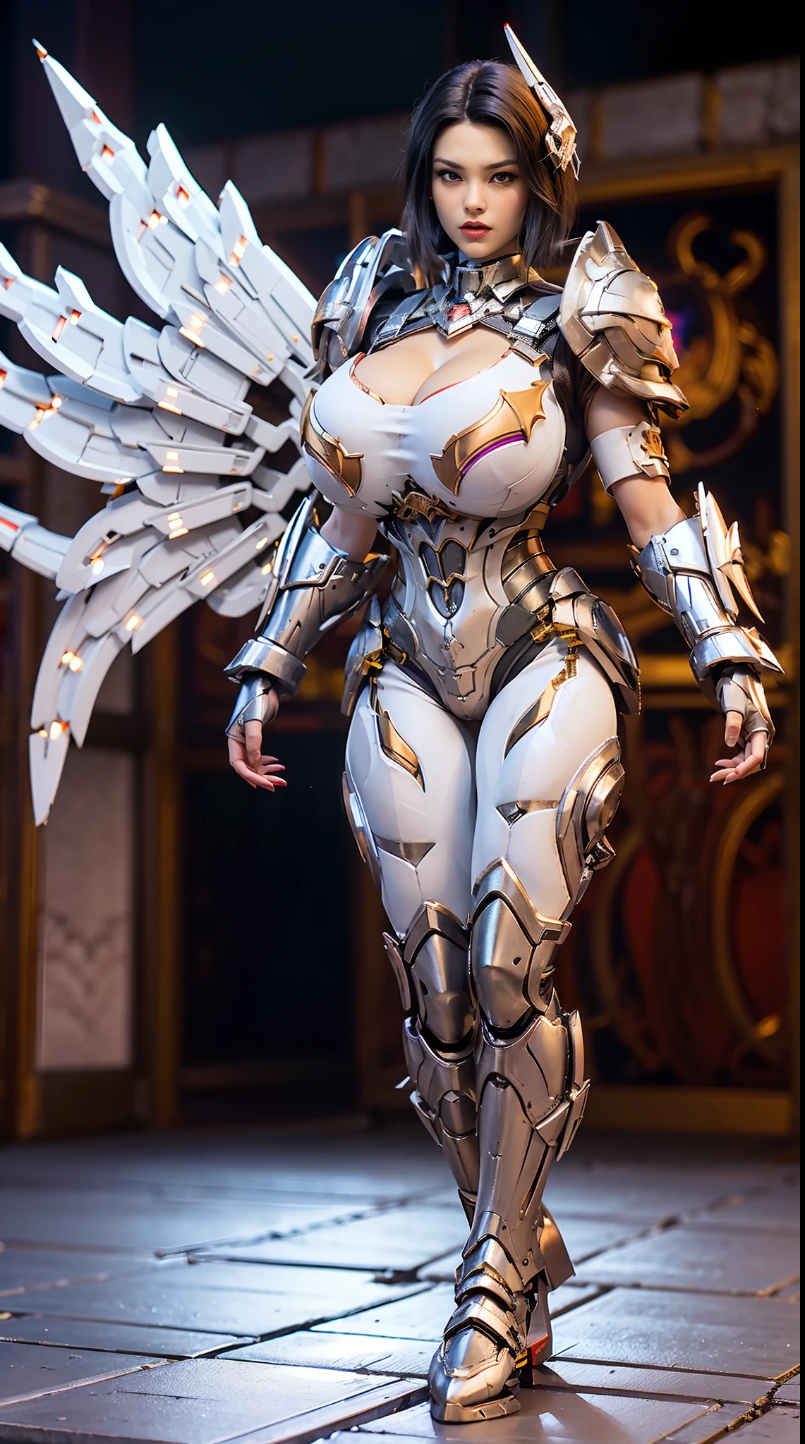 A WOMAN, BEAUTIFULL FACE, HUGE BOOBS, RED, GOLD, BLACK, MECHA ARMOR FULL GEAR, (SUIT), (CLEAVAGE), (A PAIR LARGEST WINGS), (FULL BODY:1), TRANSPARANT, (SEXY TALL LEGS:1), STANDING, (SEXY BODY:1), (MUSCLE ABS:1).