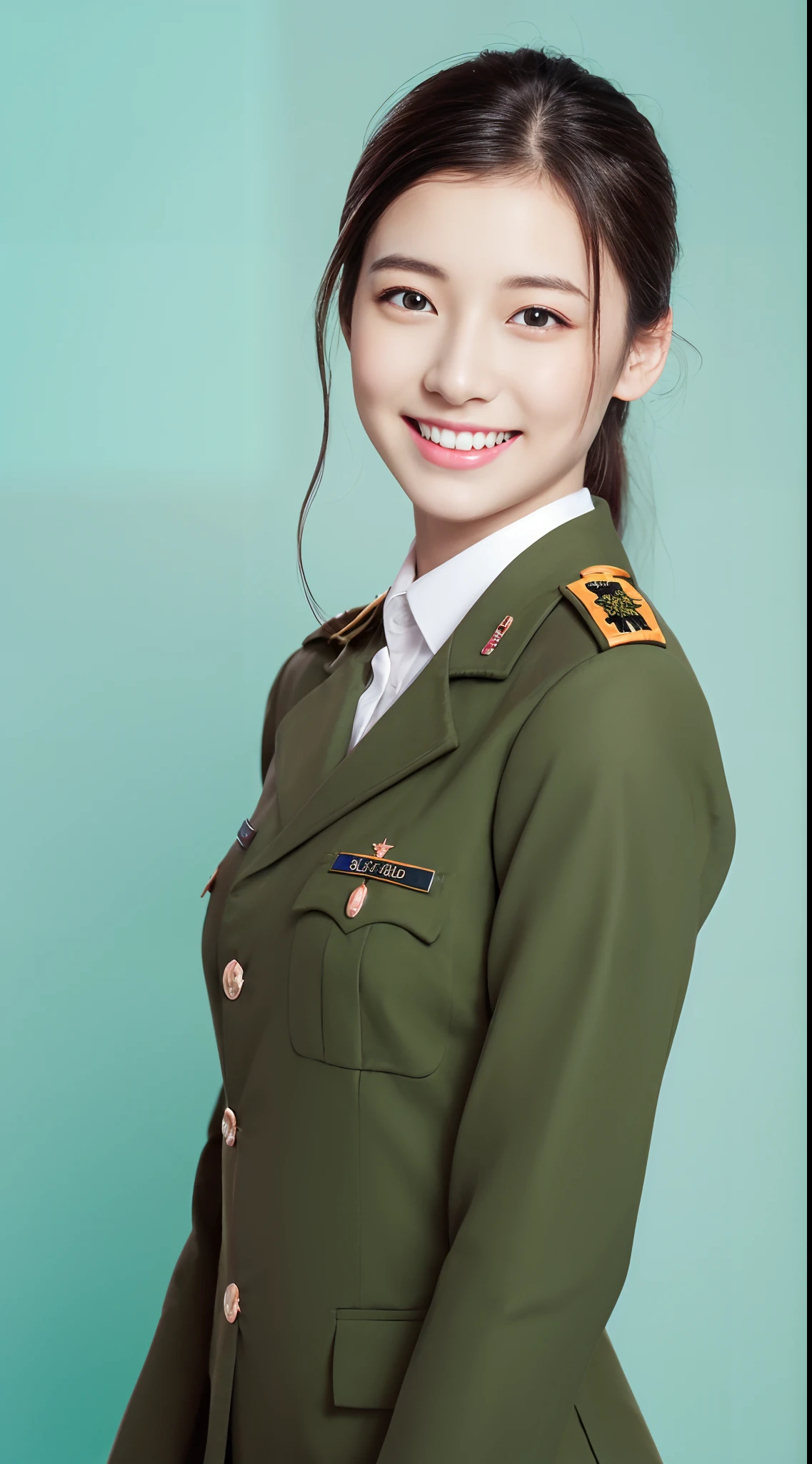 Very detailed CG unity 8K wallpaper，（tmasterpiece），（best qualtiy），（ultra - detailed），（Ultra photo realsisim），（best character detail：1.36），Nikon D750 f / 1.4 55mm，profesional lighting， physically-based renderingt, 1girll, Female soldier，army suit，Green military uniform，Fabric texture military uniform，Pure white lining，Dark green tie，Army green skirt，military hat，Black hair，the golden ratio,[:(com rosto detalhado:1.2):0.2]:,PureErosFace_V1, broad shoulder,(Bigchest:1.5),(big assa:1.5)，Wide buttock ，Bare legged，Plump legs，Move the center of gravity back，Squat on the grass，whitestocking，Small black leather shoes，hands lying on thighs，Soaked with sweat，red flags，At the cafe，Night Street，bright sun，Look at the audience from the front，Bright smile，White teeth，lighting，Contre-Jour，