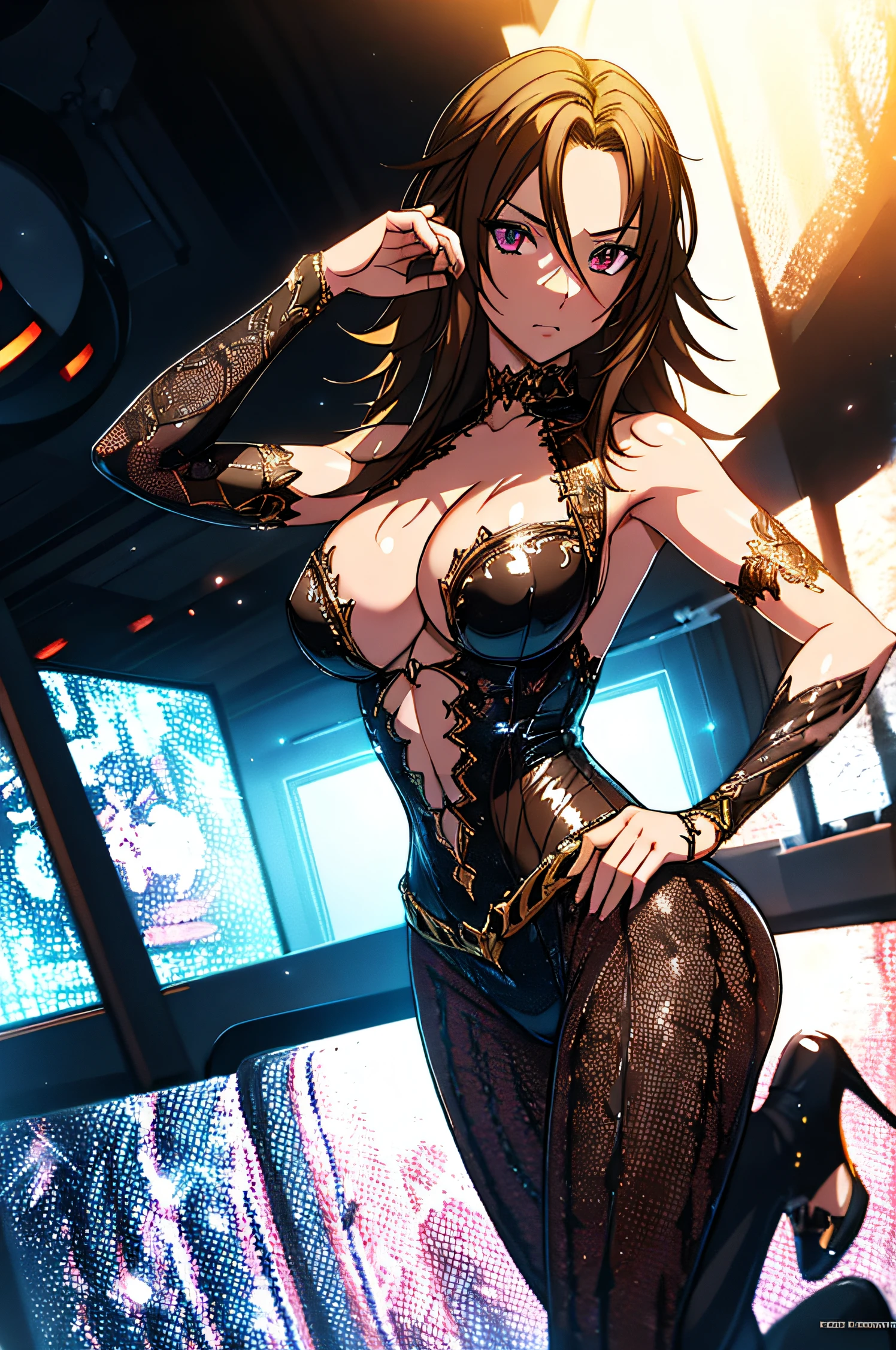 A topless woman, sleeveless, long hair, dynamic pose, 3d, (8k), detailed texture,(hyperdetailed), (photo realistic), cinematic light, cinematic action, highly detailed, realistic, Isometric, full body, in frame, driven expression, dark theme, (extremely detailed eyes), detailed symmetric realistic face, extremely detailed natural texture, masterpiece, extremely detailed, amazing, fine detail, rich colors, hyper realistic lifelike texture, dramatic lighting, unreal engine, trending on art station, photo realistic, RAW photo, high quality, high res, sharp focus, extremely detailed, cinematic lighting, 8k, high definition, cinematic, neoprene, unreal engine 5, ultra sharp focus