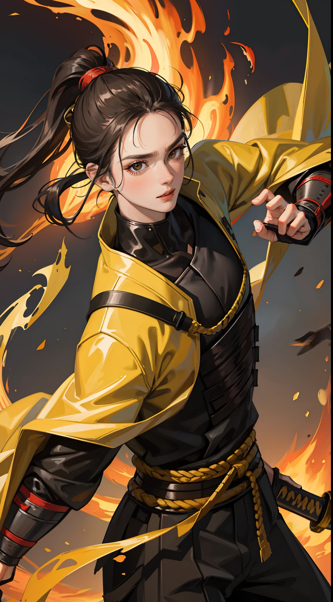 Grown-up guy, short black hair, high ponytail, Brown eyes, mask, Yellow shinobi kimono, Sleeveless, Scorpion, fire, katana, Masterpiece, hiquality, 4k, HD, Good detail