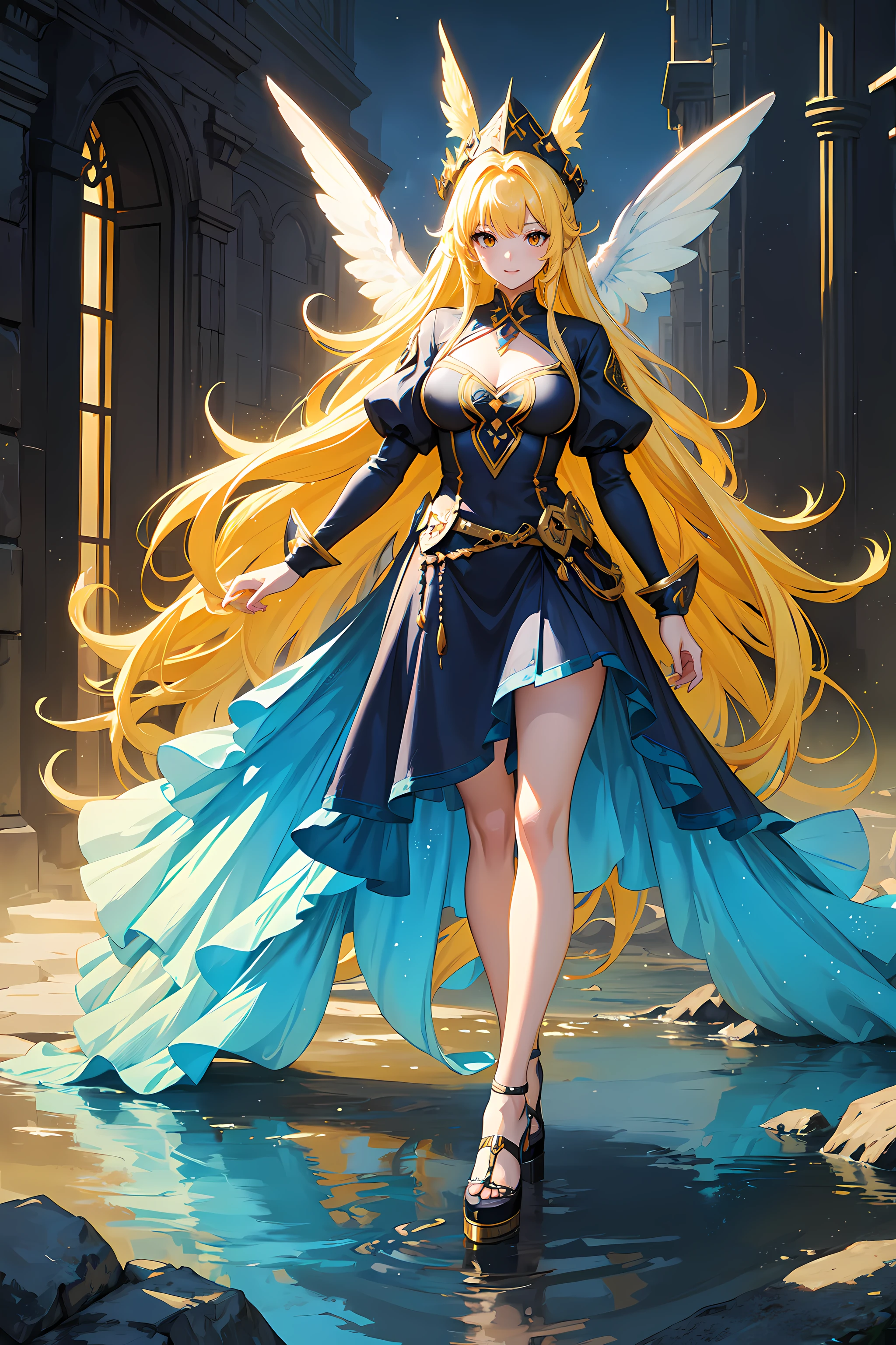 Young woman with yellow hair in fluffy costume and fluffy hat, Fantasy Character Art, amazing character art, epic fantasy character art, hd fantasy art, epic exquisite character art, realistic fantasy artwork, Fantasy Woman, epic fantasy art style hd, fantasy character, digital fantasy art), fantasy style art, detailed fantasy art, high quality fantasy art, fantasy outfit, digital 2d fantasy art