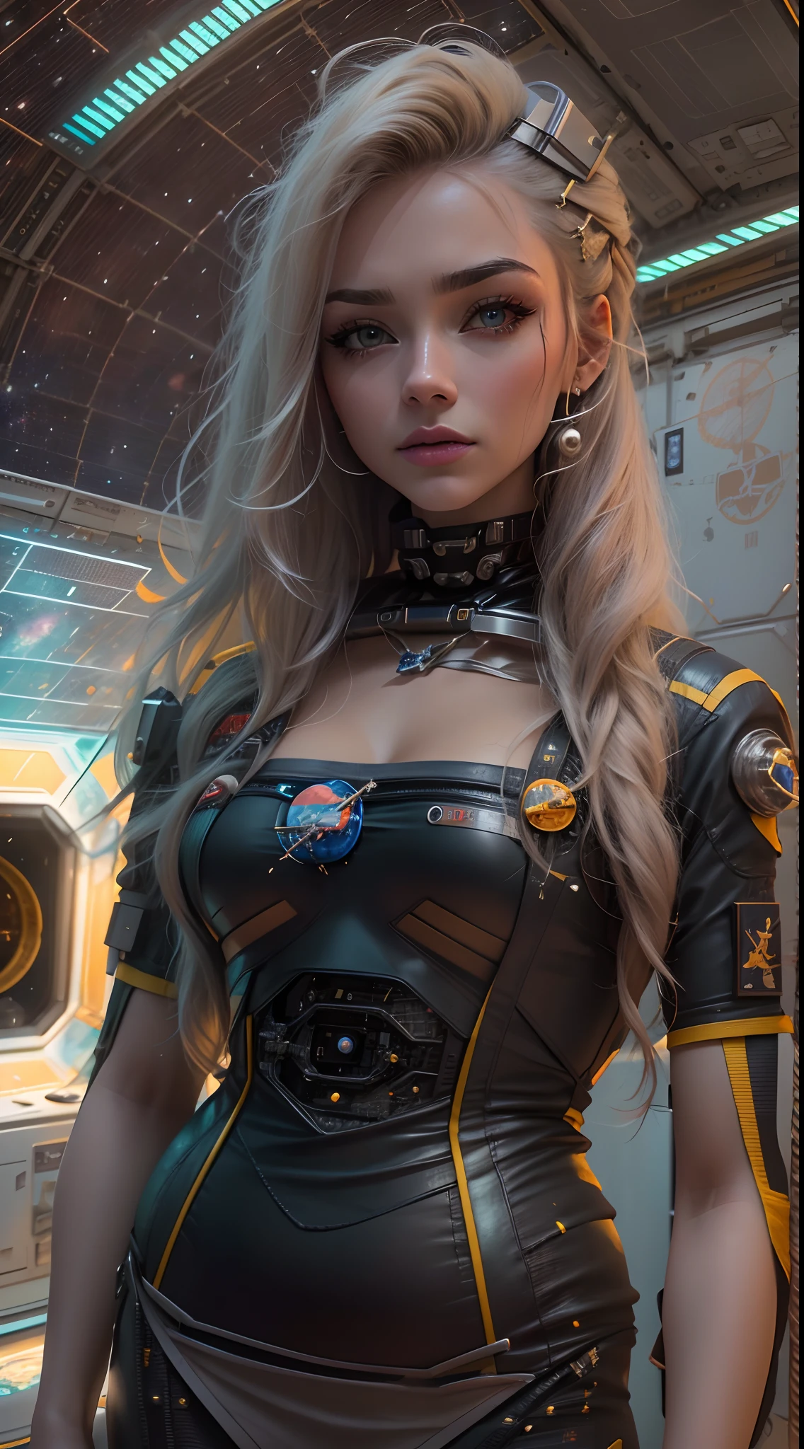 8k, 。.................................3D, realista, Ultra Micro Photography, of the highest quality, Super detalle CG Unity 8k,Cara perfectaChica con vestido cyberpunk amarillo , medio futurista, Mezcla de gran mancha de mariquita, Cabello rubio largo y atado,Estilo cyberpunk:1.4 ,(Space Station:1.4),