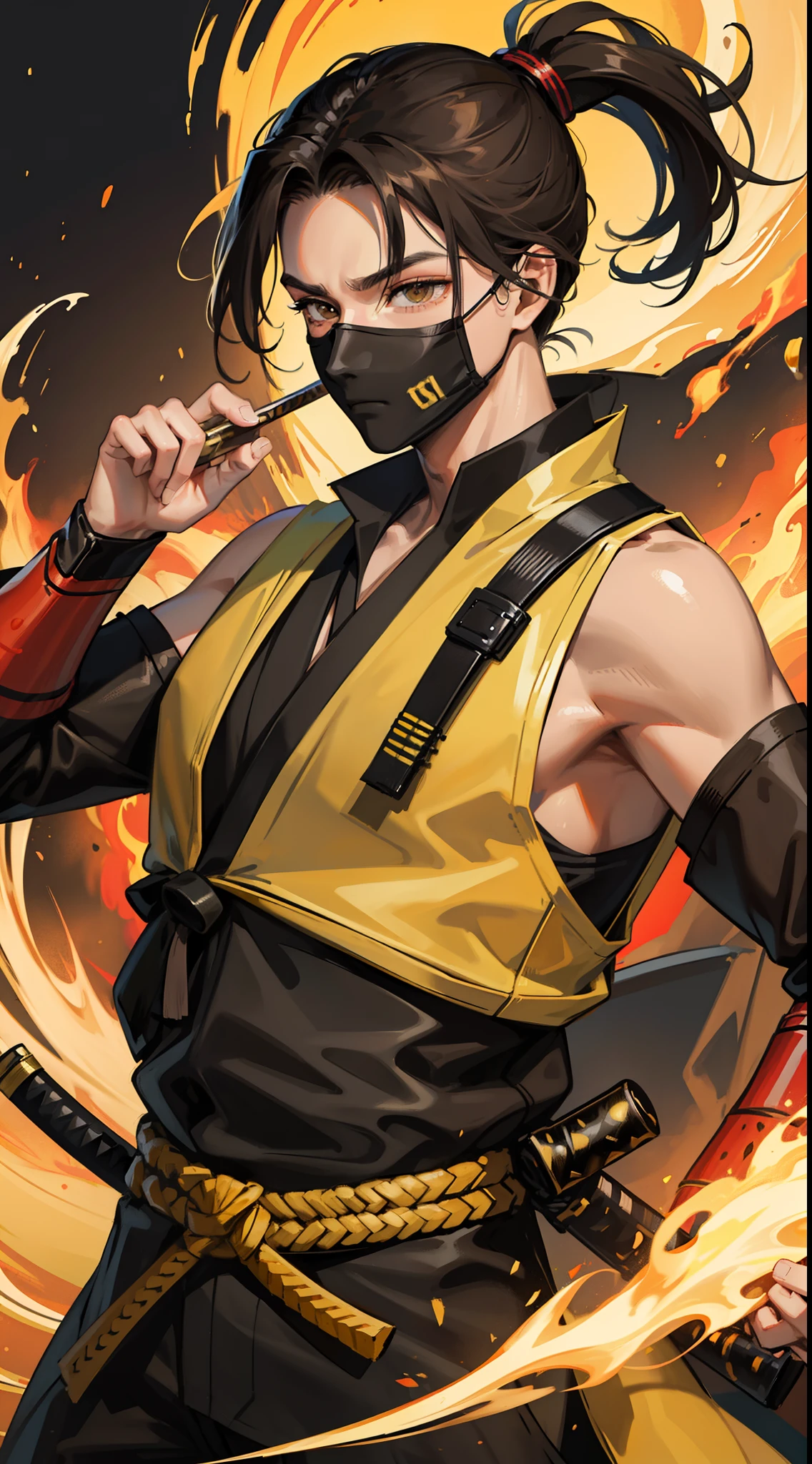 Grown-up guy, short black hair, high ponytail, Brown eyes, mask, Yellow shinobi kimono, Sleeveless, Scorpion, fire, katana, Masterpiece, hiquality, 4k, HD, Good detail