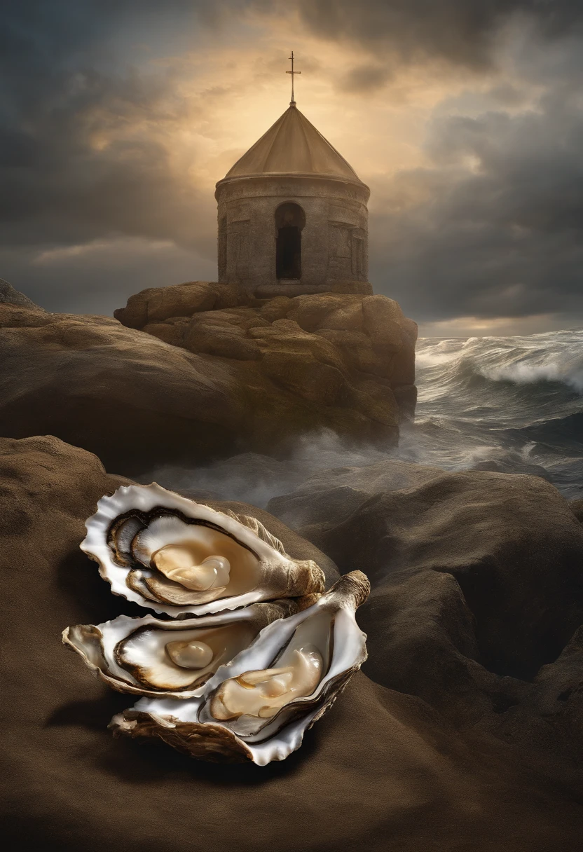 An oyster, religious, oil painting, apocalypse, Rockefeller, shattered(broken),Revelation,bible,best quality,4k,8k,highres,masterpiece:1.2,ultra-detailed,realistic,photorealistic:1.37, textures, vibrant colors, dramatic lighting, eerie atmosphere, stylized, exquisite detail, ethereal, mystical, divine presence.