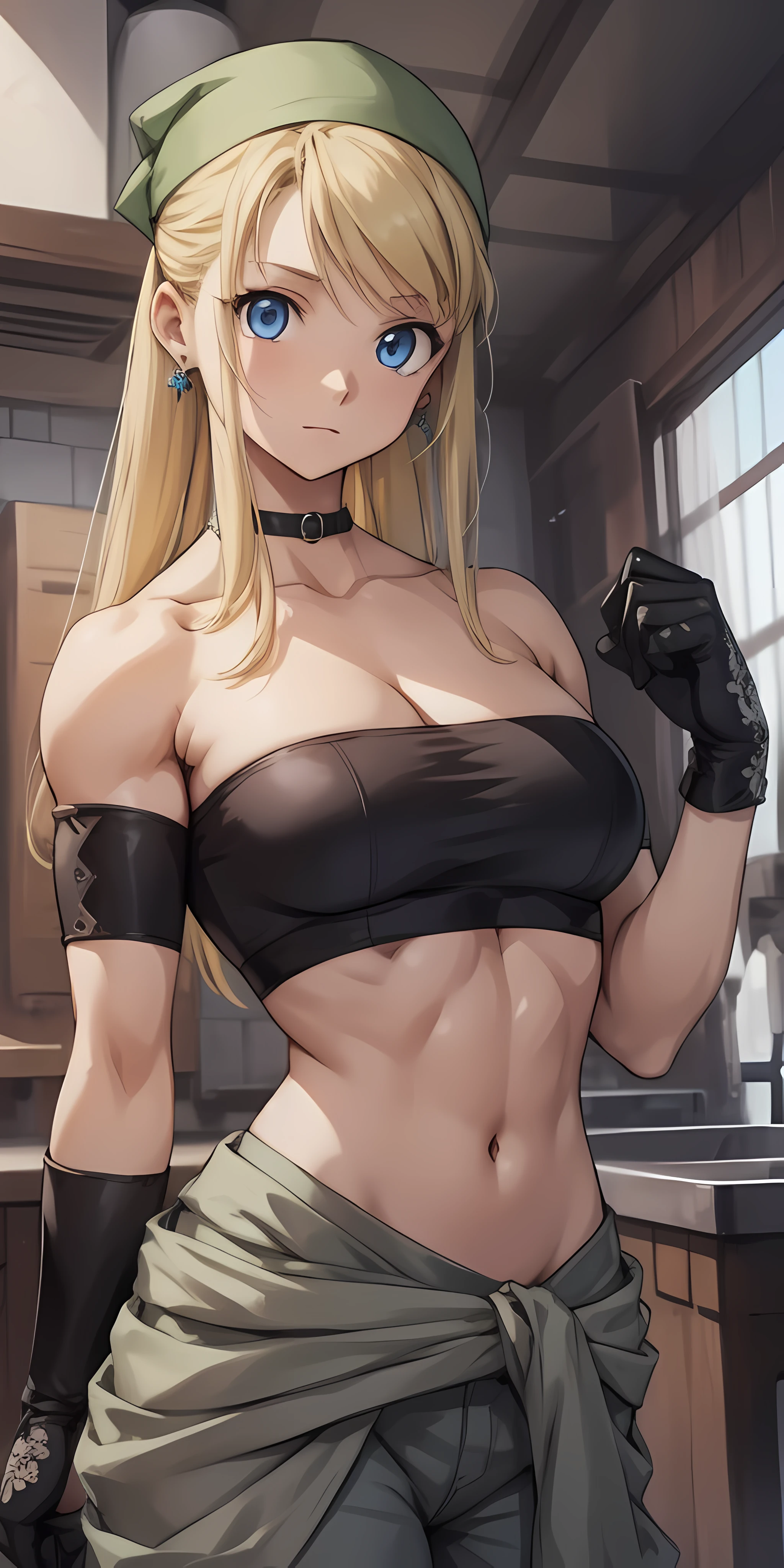 winryrockbell, winry rockbell, blue eyes, blonde hair, BREAK gloves, navel, cleavage, (gigantic breasts: 1.4), bare shoulders, collarbone, earrings, midriff, pants, stomach, bare arms, strapless, bandana, bandeau, tube top, grey gloves, BREAK indoors, BREAK looking at viewer, BREAK (masterpiece:1.2), best quality, high resolution, unity 8k wallpaper, (illustration:0.8), (beautiful detailed eyes:1.6), extremely detailed face, perfect lighting, extremely detailed CG, (perfect hands, perfect anatomy), ((muscular))