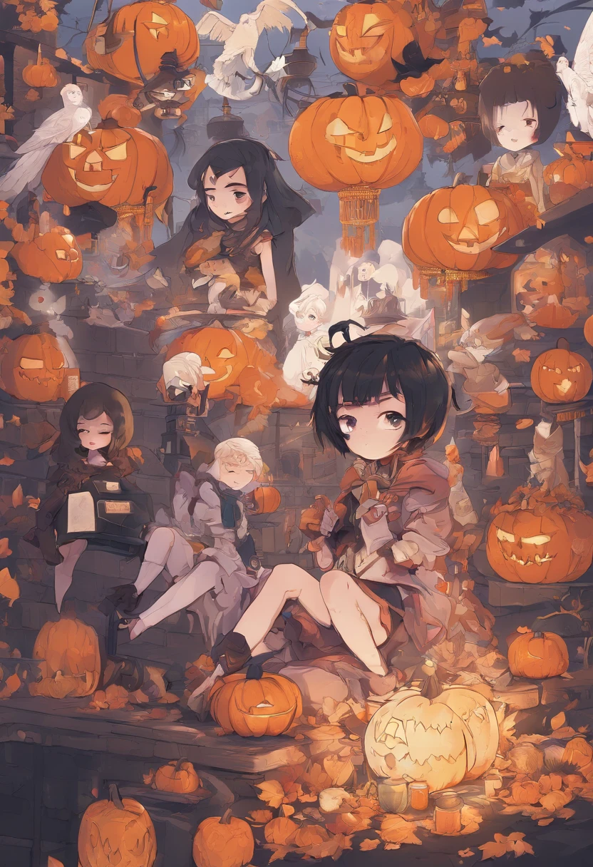 (Japan people in their 20s or more enjoying Halloween events ),(Best Pose),(best angle), (Better representation), Eduardo Cobra Acor Chorchoament ,Multidimensional geometric wall portrait, Artistically, Chibi,yang08k, Beautiful fece, colouring,