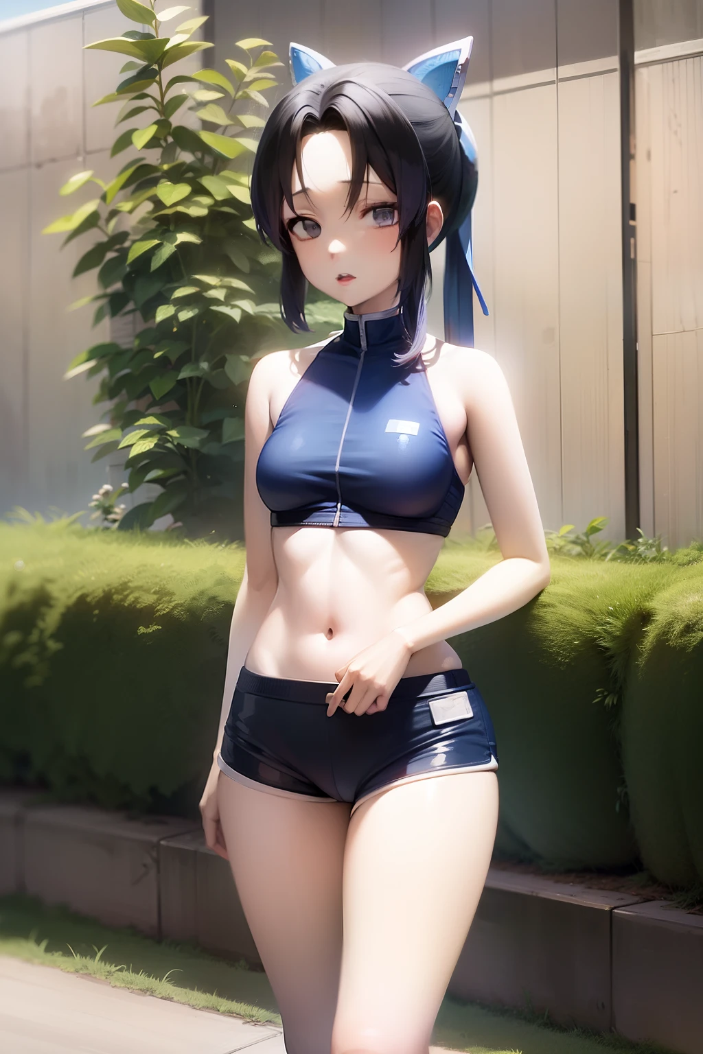 Anime girl in blue top and shorts standing on the sidewalk next to bushes, rei hiroe, honest, The anime girl is named Haibara Moori, aya takano color style, Also, Kantai collection style, anime moe art style, New Xiangcheng, seductive anime girls, suzumiya haruhi, attractive anime girls, beautiful alluring anime teen, one piece swimsuit