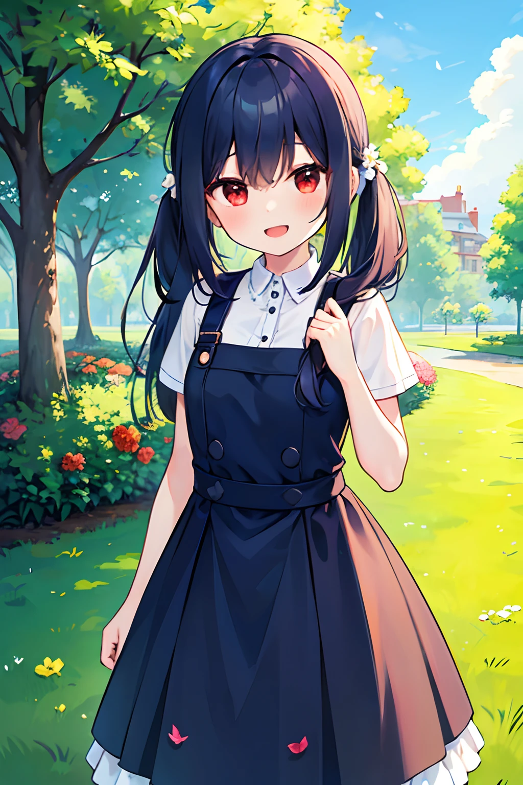1girl, young girl, masterpiece, high quality, dark blue hair, long hair, straight hair, twintail, red eyes, in the park, in the flower garden, wearing overall dress, holding many flowers, happy, clear sky, smiling