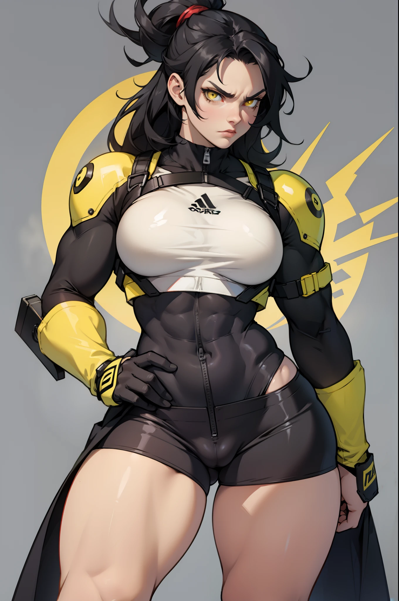1 girl grey background muscular angry yellow eyes black hair pale skin thick thighs large breasts pussy mound