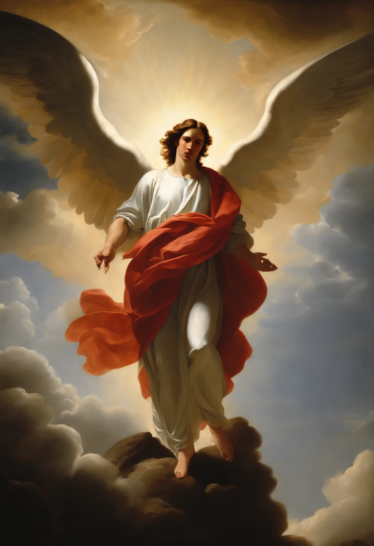 pintura a oleo, angel man descending from heaven to meet people, breathtaking masterpiece, Vivid, ornado, Caravaggio, 8k