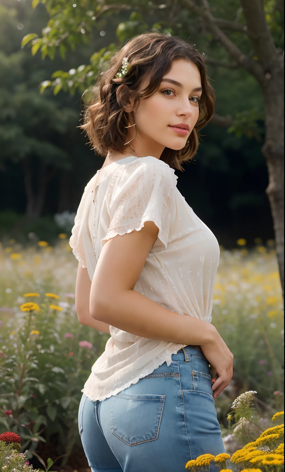 woman stands outside in wildflower field, all varieties of flowers and colors, shimmering skin, full body including bare feet, painted toenails, she's wearing faded jeans, loose new tshirt with band graphic, most beautiful woman on earth, hands in pockets, (her hair is styled and short:1.2), she glistens with natural light glow, radiant skin , short hair, (summer sun accents her entire body perfectly modestly, charming), a stunning American woman, she smiles, outside, (relaxed , happy and refreshed)), (hyper-detailed jeans and shirt pattern, fabric, (summer insects in air, backlit)), (highest quality fabric texture), lush natural scene with accent highlights, film quality, misty atmospheric air, (ultra-realistic , rainy sky approaching,soft accent light, gorgeous Rembrandt style lighting, (Rembrandt patch)), (highest quality fabric texture), dress fabrics, High-realism hair and skin, ultra-realistic, adorned with flowers, a world of passion. Finely detailed,(Fine-grained), (highest detail skin texture peach-fuzz earlobe realistic,) ○○ res – ultra high high resolution , very high texture (sweat highlights resolution), Photorealistic hands and fingers – (photorealistic beautiful 4k) , 8K,extreme detail, close and intimate, she looks to camera, teasing, Her perfectly sculpted lips, lifelike, highly real natural lips. she is a, Vermeer, a work of art, enticing. indulge in desire.solo woman, (highest quality fabric texture), light hair, every detail,Fine facial features, Masterpiece – Masterpiece ○○ quality – (Highest Quality) ,Leica film, High quality ○○ detailed – ○○ details ultra detailed(Ultra-fine ), Photorealistic, Extremely detailed(Extremely detailed) , Finely detailed, (highest detail wildflower field, lens flare, realistic)○○ res – ○○ resolution ultra high res(A high resolution)