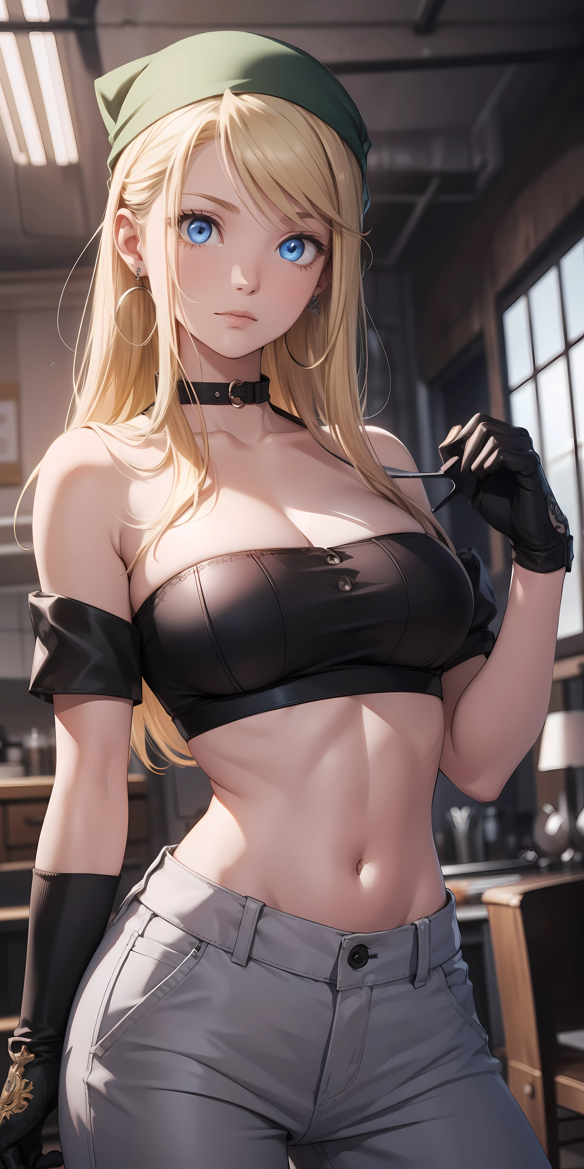 winryrockbell, winry rockbell, blue eyes, blonde hair, BREAK gloves, navel, cleavage, bare shoulders, collarbone, earrings, midriff, pants, stomach, bare arms, strapless, bandana, bandeau, tube top, grey gloves, BREAK indoors, BREAK looking at viewer, BREAK (masterpiece:1.2), best quality, high resolution, unity 8k wallpaper, (illustration:0.8), (beautiful detailed eyes:1.6), extremely detailed face, perfect lighting, extremely detailed CG, (perfect hands, perfect anatomy),