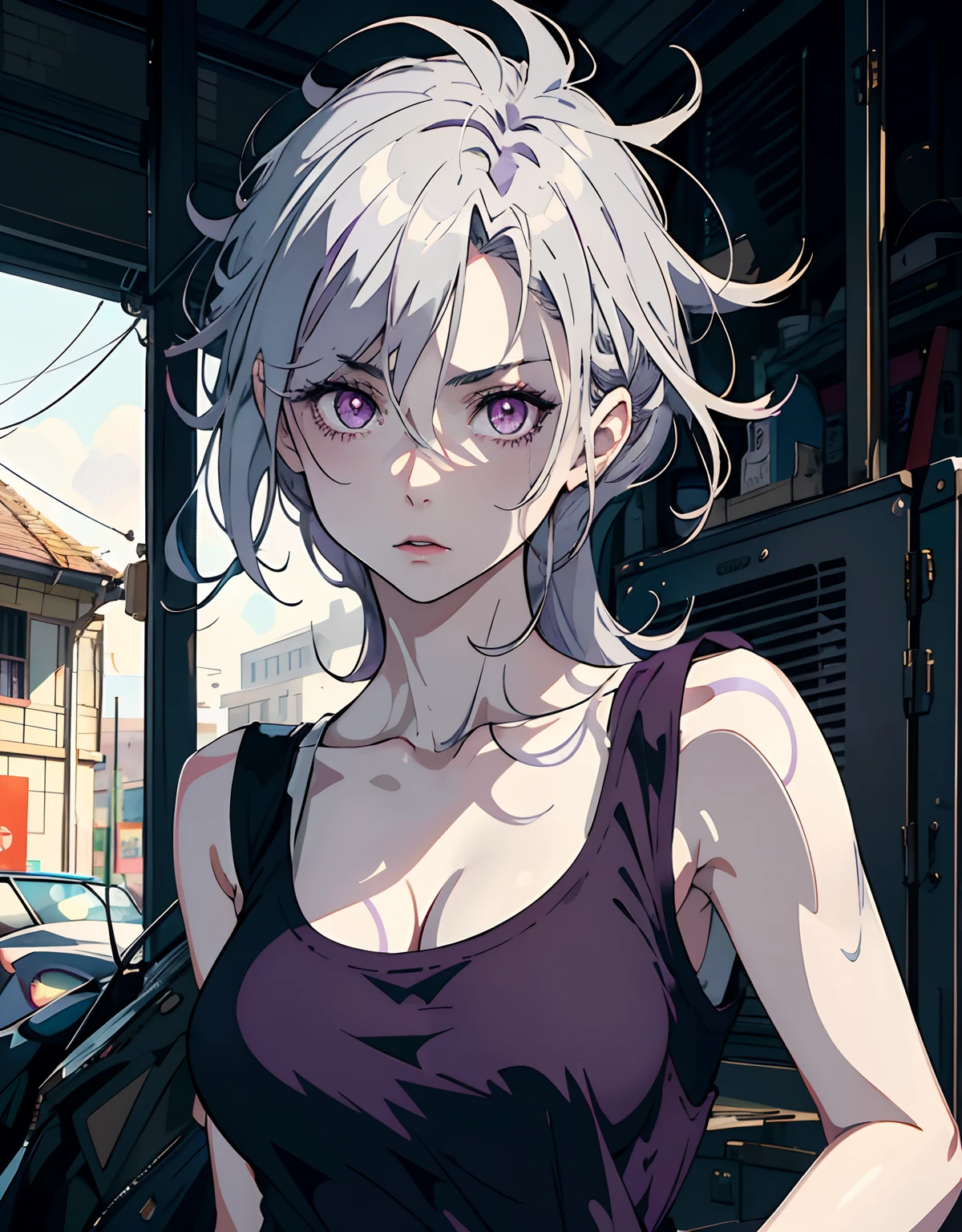 ((masterpiece, best quality)), (1girl, anime girl in retro style),(mature), (solo), (female focus), (grey hair, messy hair, long hair),((pale purple eyes, sharp eyes)) ((exposed shoulder, tank top)), pale skin, evil, vicious, portraits, close up, upper body, vibrant colors, soft lighting