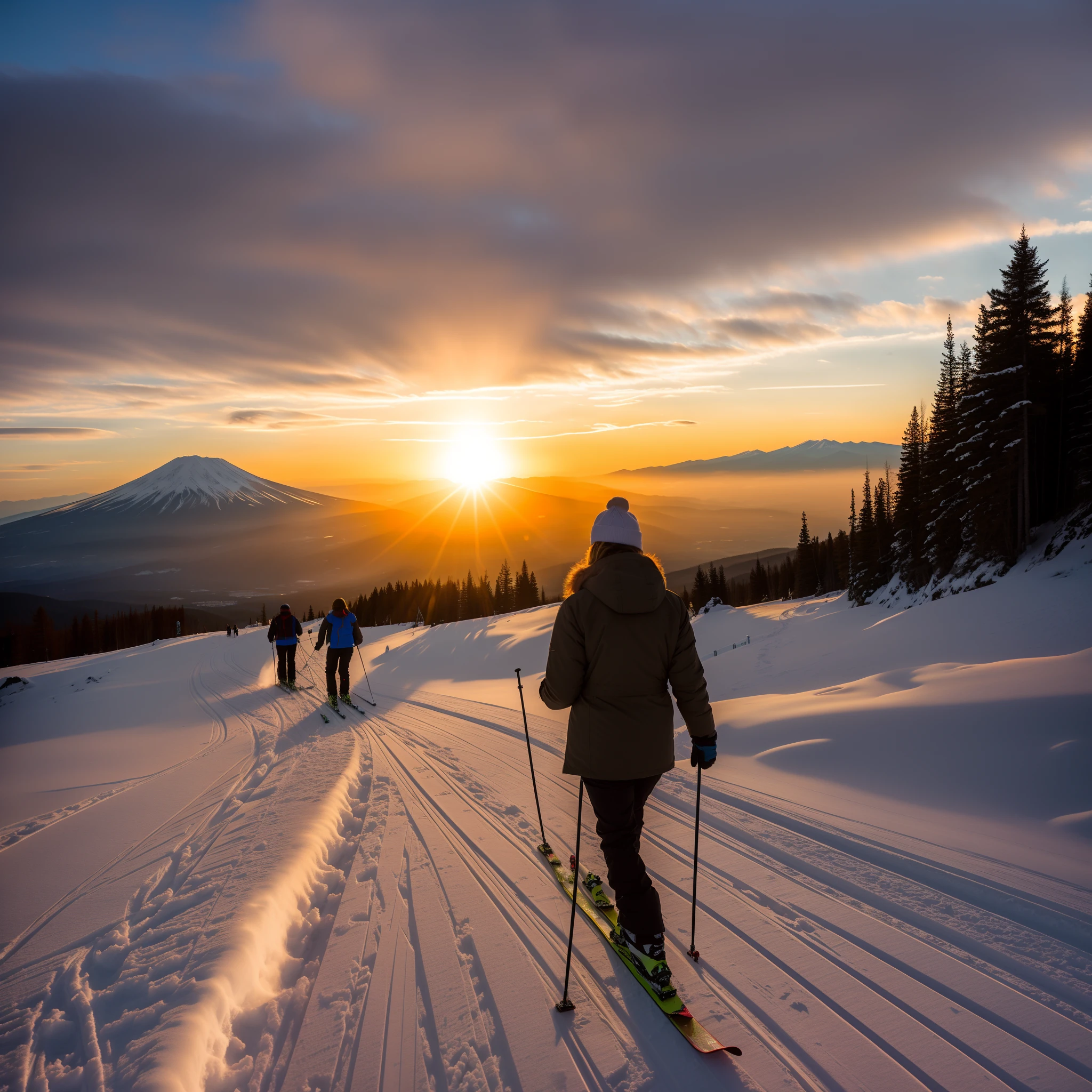 Skiers walk the snowy trails in cloudy skies at sunset, going forward to the sunset, Sunrise over snow-capped Mt. Fuji, time to climb the mountain path, shutter inventory, author:Anna Heifesch, late sunset, author:Christofo Zefarovich, Backlit shot of girl in parka, Winter sun