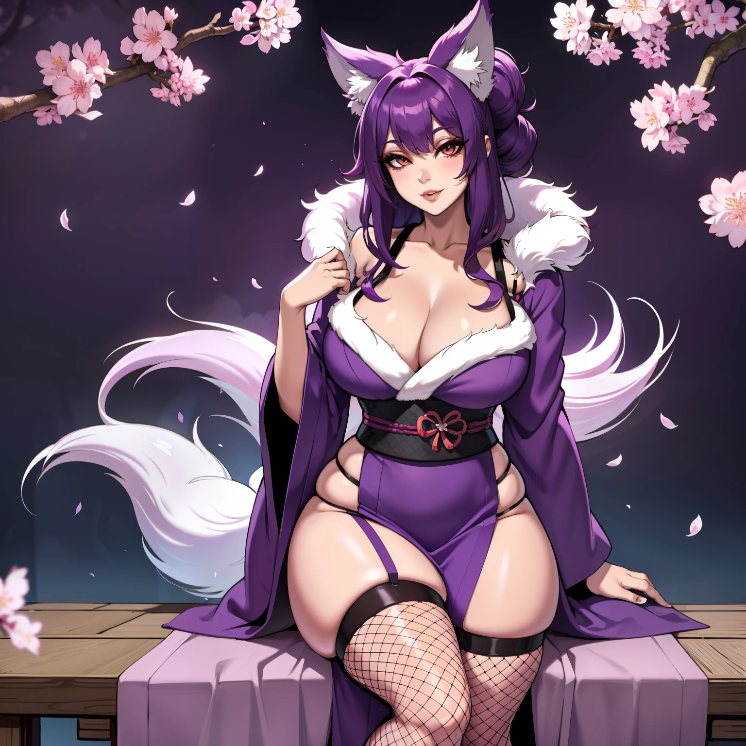 Curvy purple haired 9 tailed kitsune wearing fur lined robe and cherry blossom kimono, wearing thigh high fishnets (ALONE)(SOLO), alone, solo