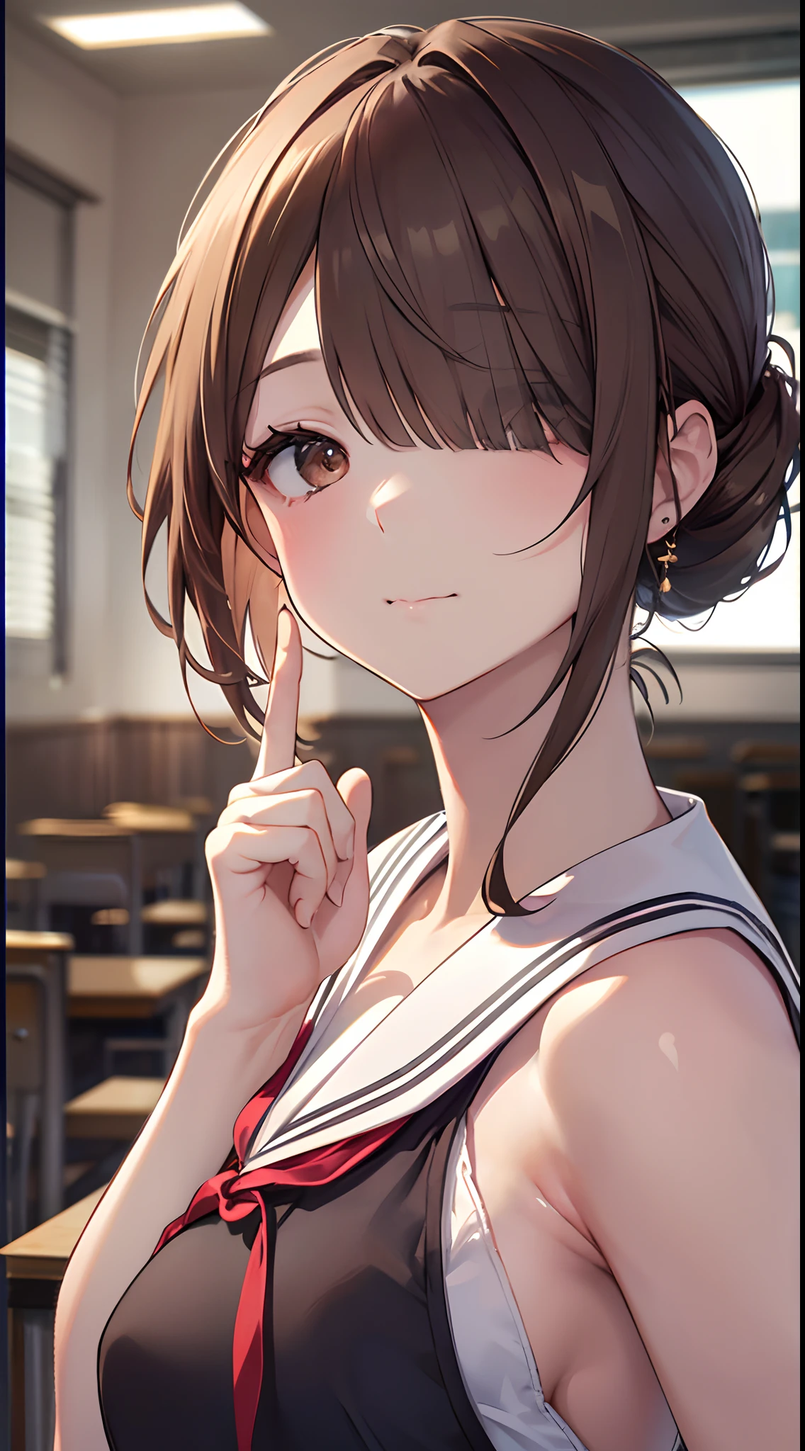 (top-quality、in 8K、32K、masterpiece、nffsw、超A high resolution、Impresionismo、Photorealsitic:1.2)、Colossal tits、cowboy shot, detailed faces and eyes、 Inside the classroom、Schools、Evening glow、beauitful face、blurry backround、16-year-old beautiful girl、shinny skin、half updo、beautiful brown hair、Blunt bangs、Brown eyes、(I closed one eye、put index finger on mouth:1.2)、a sailor suit、Pleated miniskirt、Curve、(Lifting skirt、I can see panties:1.2)、thighs thighs thighs thighs、(Navel Ejection:0.4)、dynamicposes