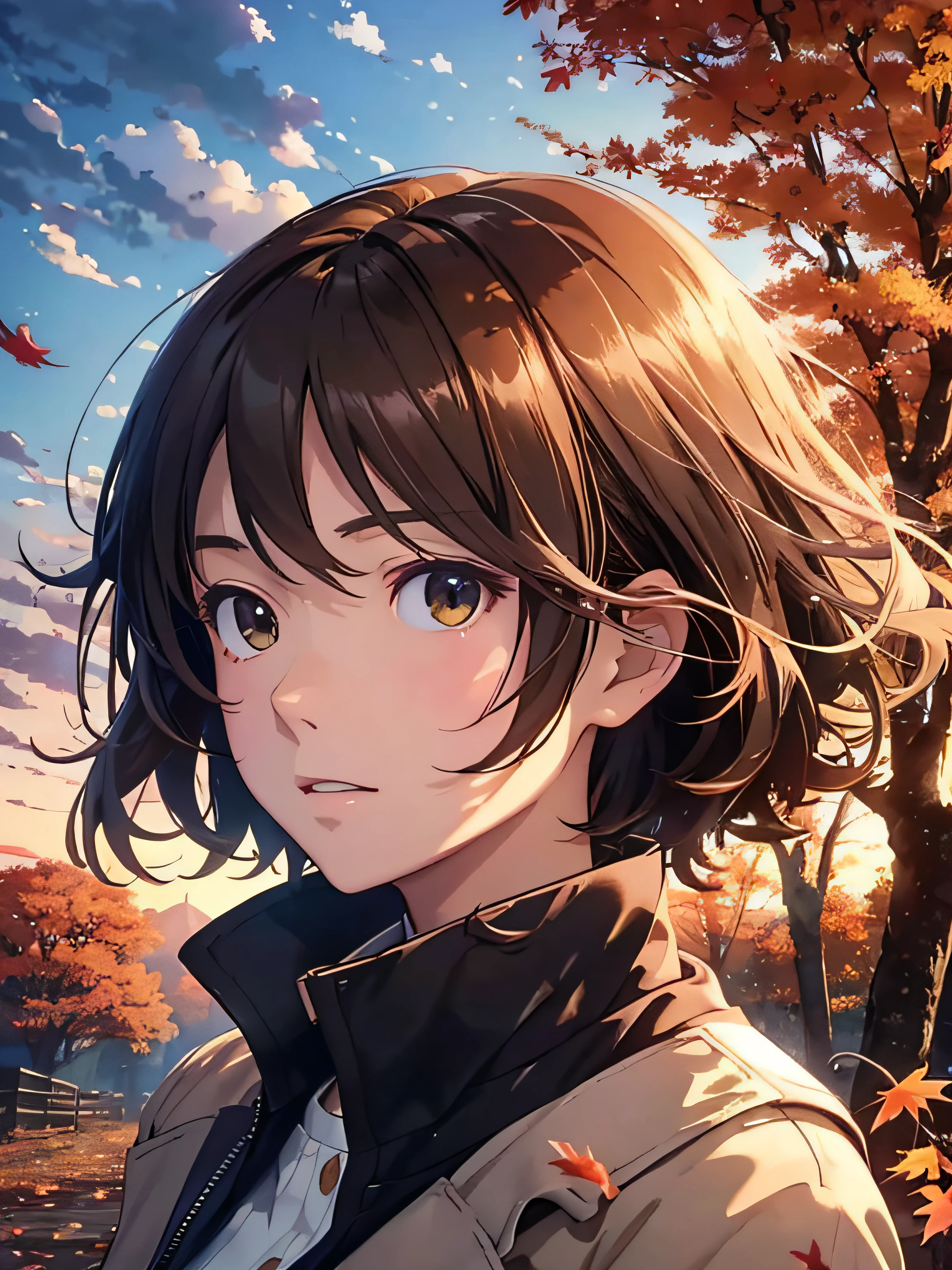 Makoto Shinkai、((A masterpiece)),((Highest quality)),、anime big breast、Autumn sky、The tree is dead、Dead leaves、1womanl、Look up at the autumn sky directly above、Autumn、Beautiful scenery、Beautiful sunset sky、Tease time、There was a little wind、Perspective、Transparent skin，Close-up shot，Camera in hand