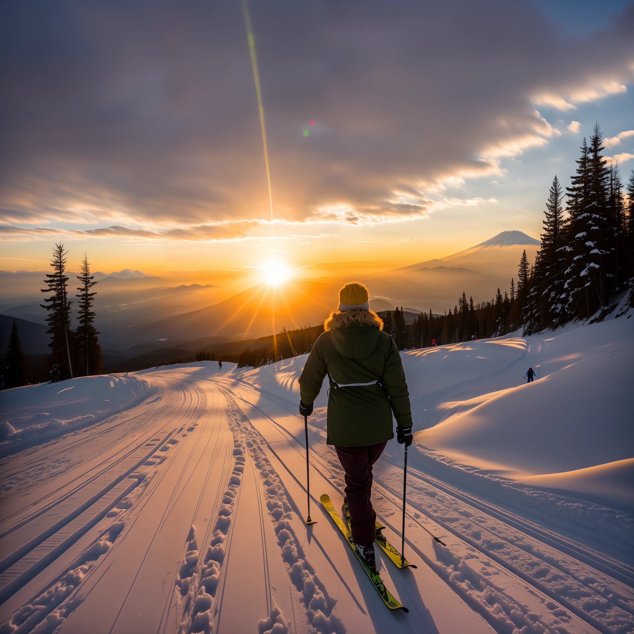 Skiers walk the snowy trails in cloudy skies at sunset, going forward to the sunset, Sunrise over snow-capped Mt. Fuji, time to climb the mountain path, shutter inventory, author:Anna Heifesch, late sunset, author:Christofo Zefarovich, Backlit shot of girl in parka, Winter sun