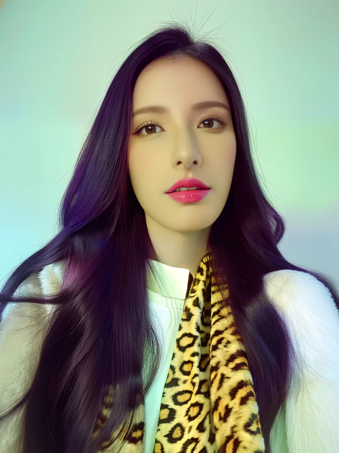 Arafed woman with long black hair wearing a leopard print scarf, Alanis Guillen, Directed by: Nandor Soldier, fernanda suarez, Estefania Villegas Burgos, imagem frontal, imagem de perfil, Adriana DXIM, Anos Imane, Foto realista, Lorena Avarez, Magda Torres Gurza, julia fuentes