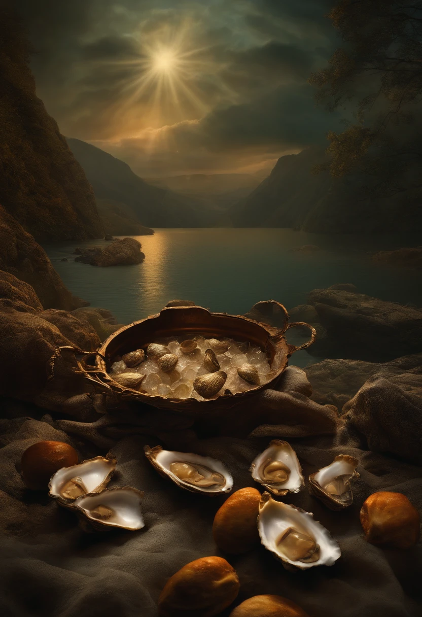 Rockefeller oysters, religion, Oil painting, Apocalypse, crush(Broken),Revelation,befall,A deep,Best quality,4K,8K,A high resolution,Masterpiece:1.2,Ultra-detailed,Realistic,Photorealistic:1.37, textured, Vibrant colors, Dramatic lighting, spooky ambiance, Stylized, exquisitedetails, Ethereal, mistic, divine presence.
